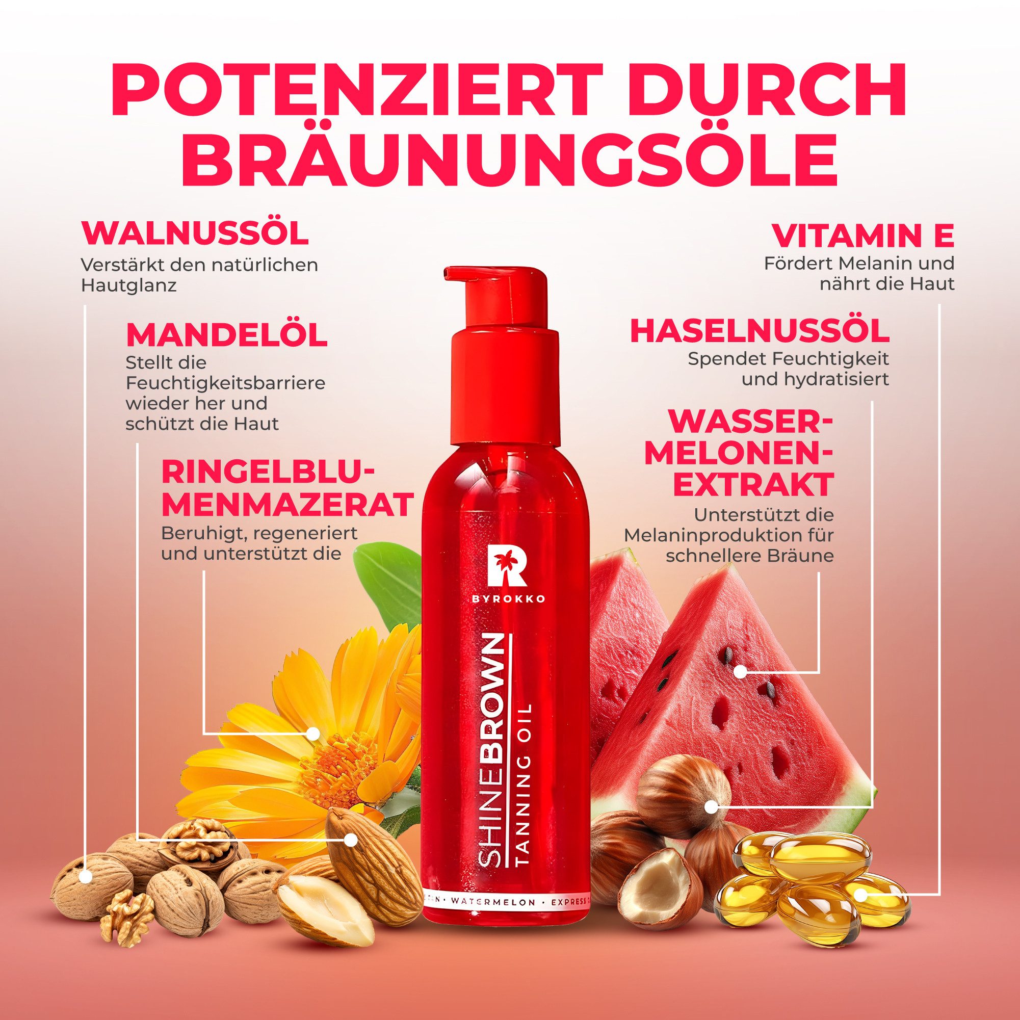 BYROKKO Selbstbräunungsöl Shine Brown Watermelon Bräunungsbeschleuniger-Öl (145 ml), 1-tlg., Lichtschutzfaktor 25