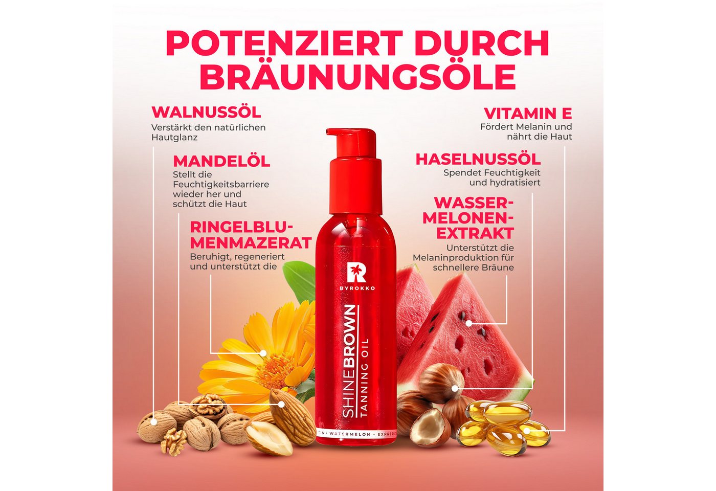 BYROKKO Selbstbräunungsöl Shine Brown Watermelon Bräunungsbeschleuniger-Öl (145 ml), 1-tlg., Lichtschutzfaktor 25