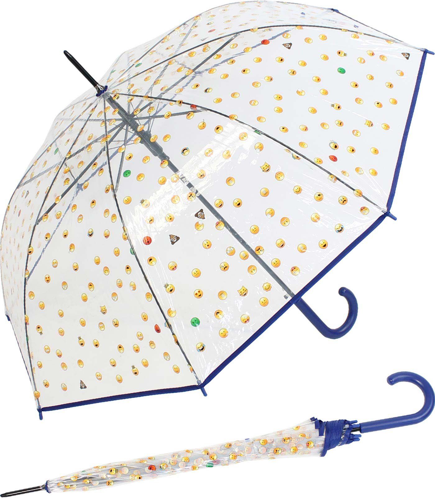 vielen mit RAIN blau HAPPY mit Smileys Emoticon-Transparentschirm - Automatik, lustigen bedruckt Langregenschirm