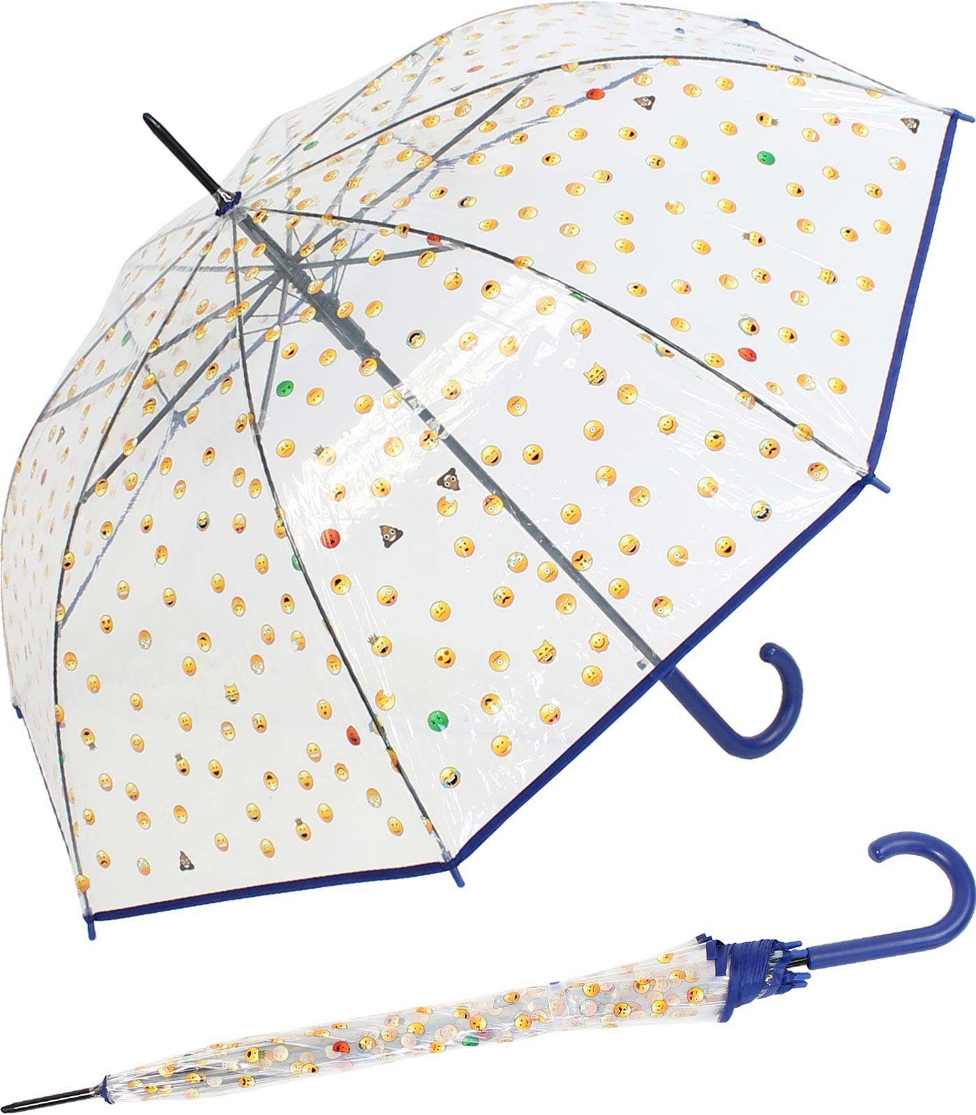 HAPPY RAIN Stockregenschirm Emoticon-Transparentschirm mit Automatik, bedruckt mit vielen lustigen Smileys - blau
