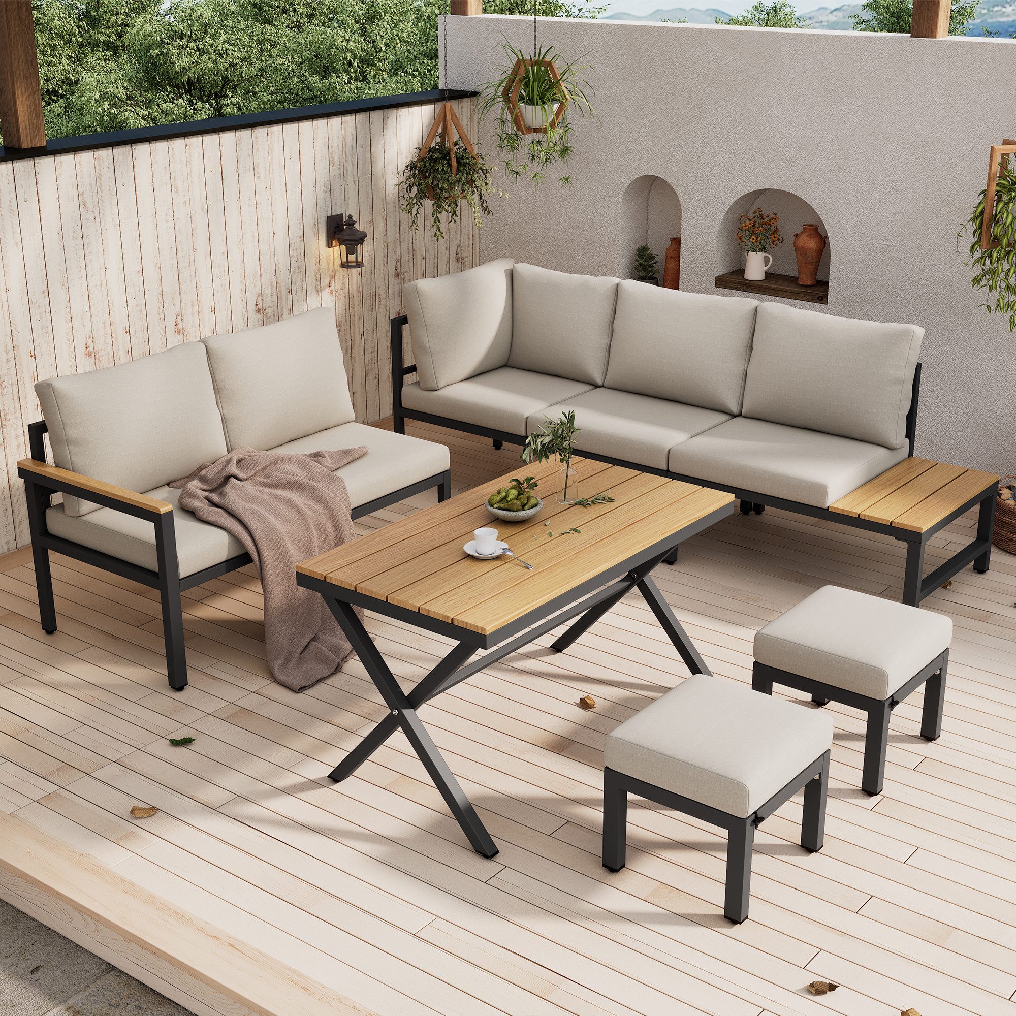 Flieks Gartenlounge-Set, 7-Sitzer Gartenmöbel Essgruppe Ecksofa günstig online kaufen