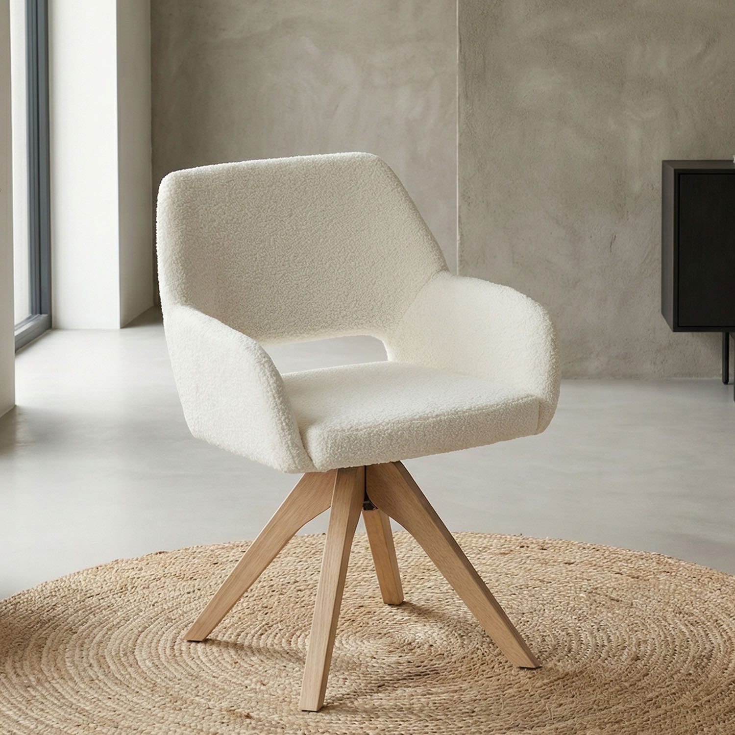 Homestyle4u Armlehnstuhl Polsterstuhl Weiß drehbar Teddy-Stoff Esszimmer,Küche Büro Holzfüße (1 St), drehbar, Teddystoff/Teddyplüsch, für Esstisch, Essstuhl