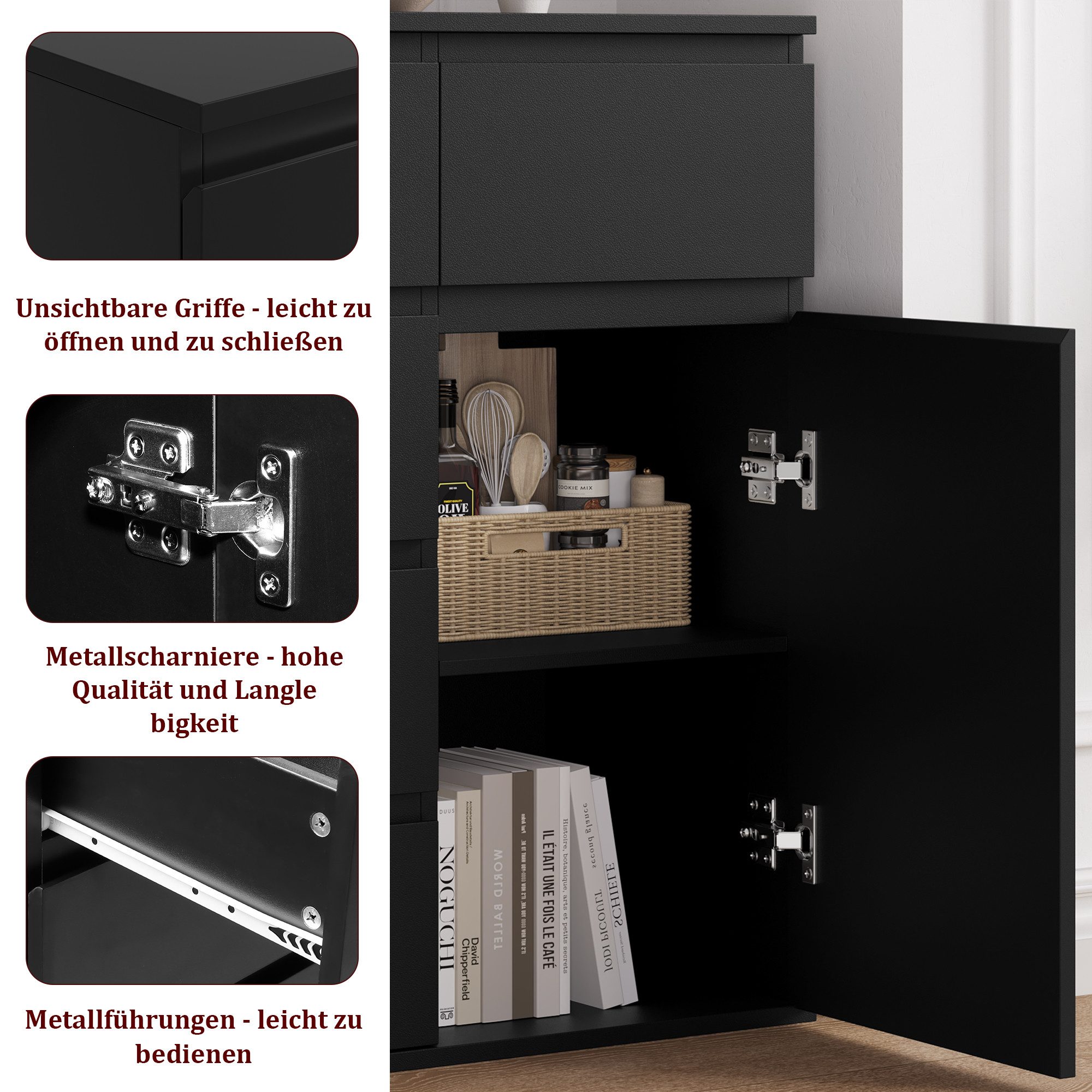 Homfa Kommode schwarz mit 5 Schubladen und 1Tür, Sideboard Schubladenschrank holz 100x80x40cm