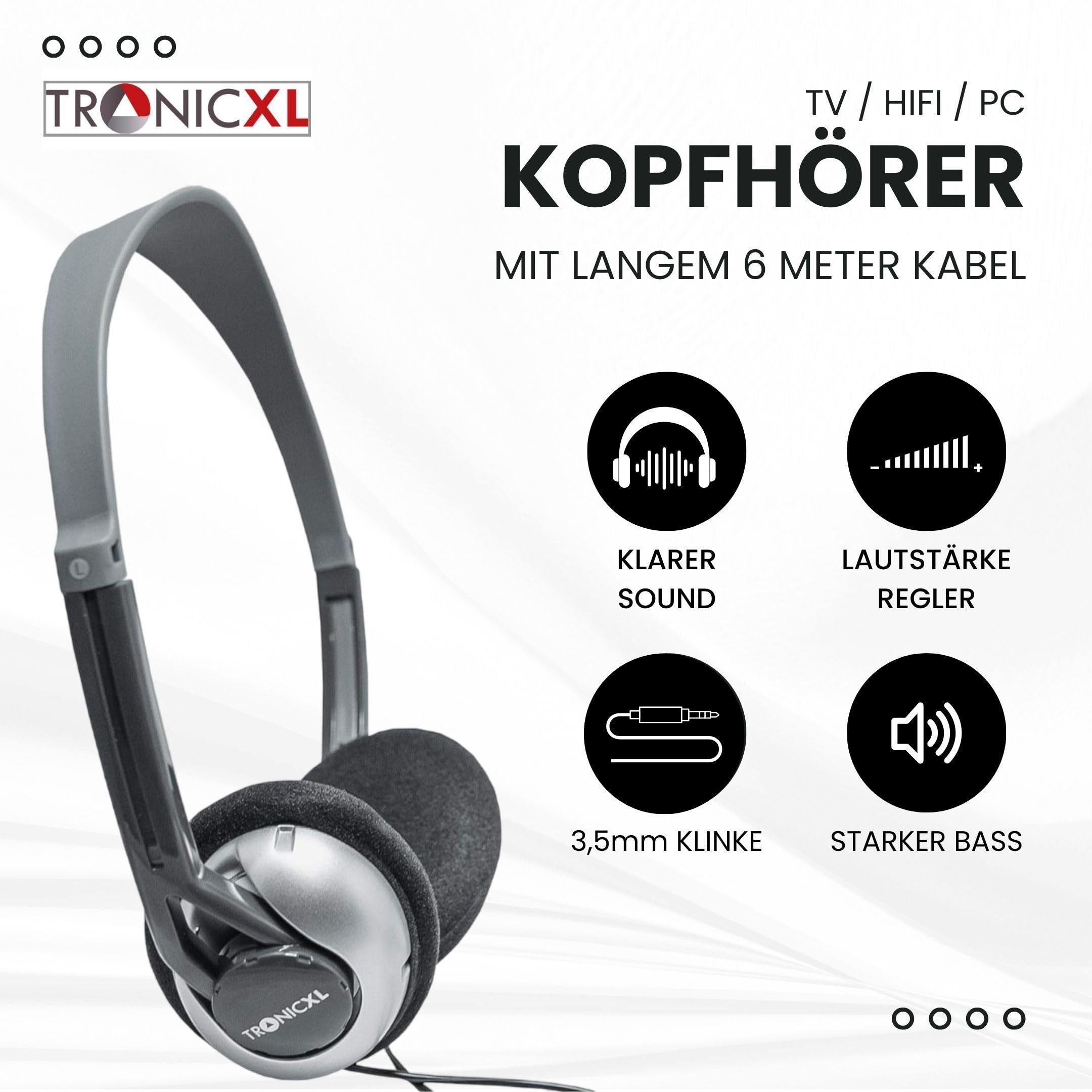 TronicXL Fernseh Kopfhörer 6m langes Kabel Kopfbügel Klinke TV lang 3,5mm HiFi-Kopfhörer – Bild 4 von 5