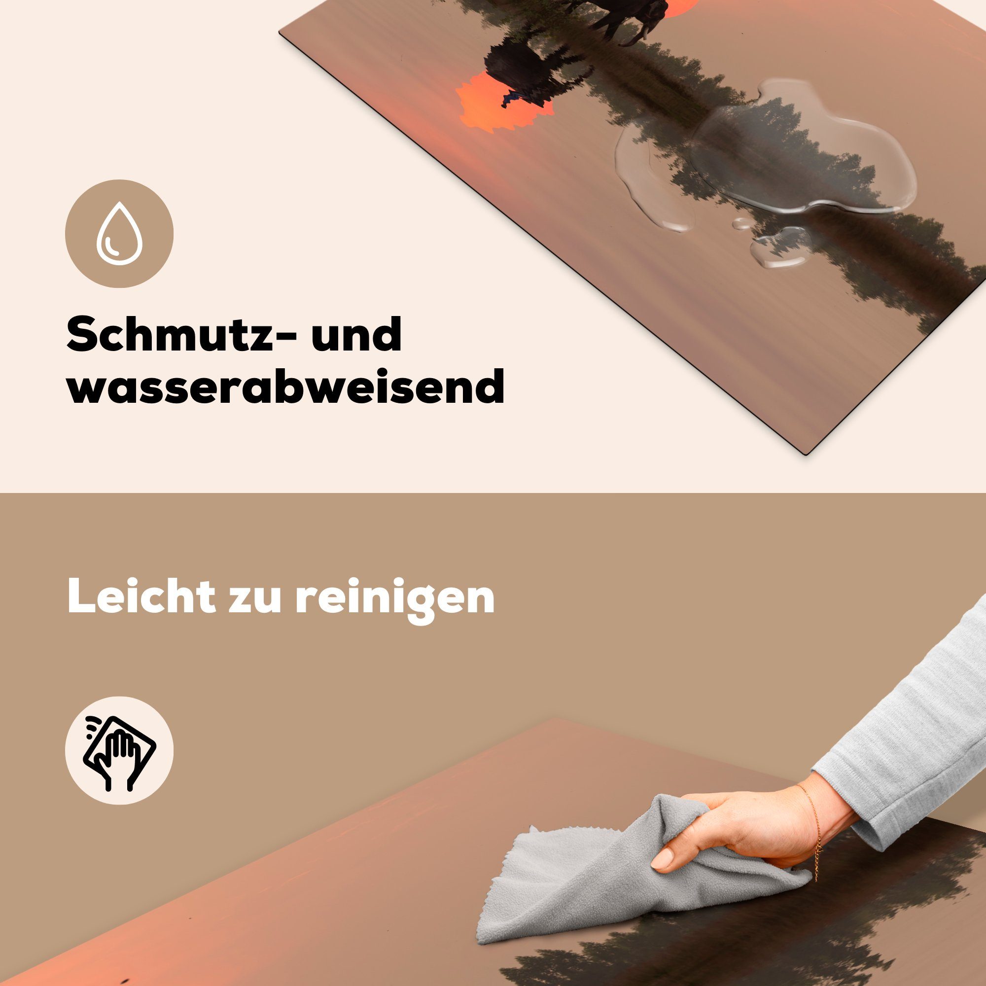 Induktionskochfeld tlg), küche, die MuchoWow Ein in Elefant Vinyl, 81x52 Sonnenuntergang bei Reisfeld einem Herdblende-/Abdeckplatte Schutz Ceranfeldabdeckung (1 für cm, Thailand, in