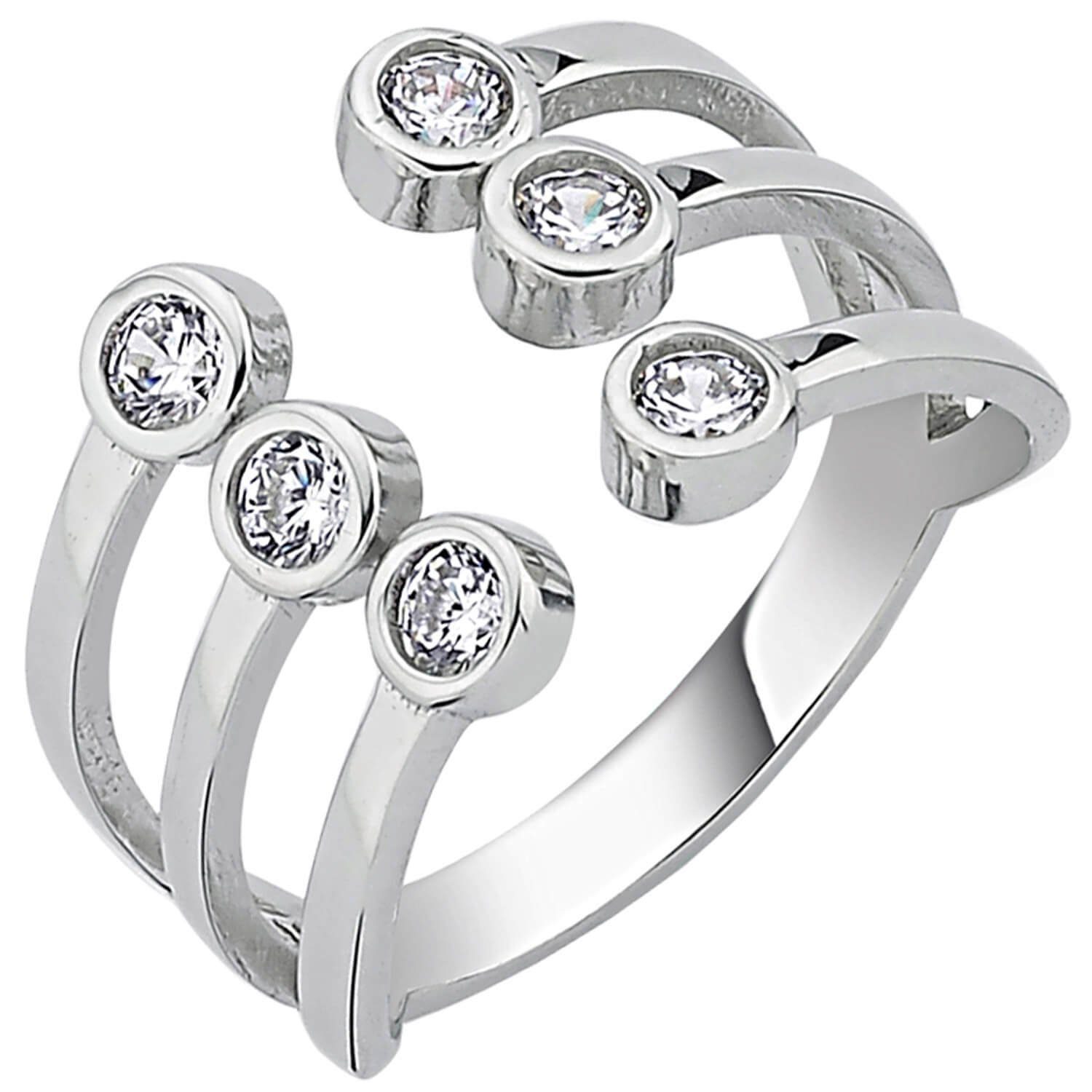 Schmuck Krone Silberring Offener Ring Damenring aus 925 Silber rhodiniert 6  Zirkonia breiter Fingerring, Silber 925