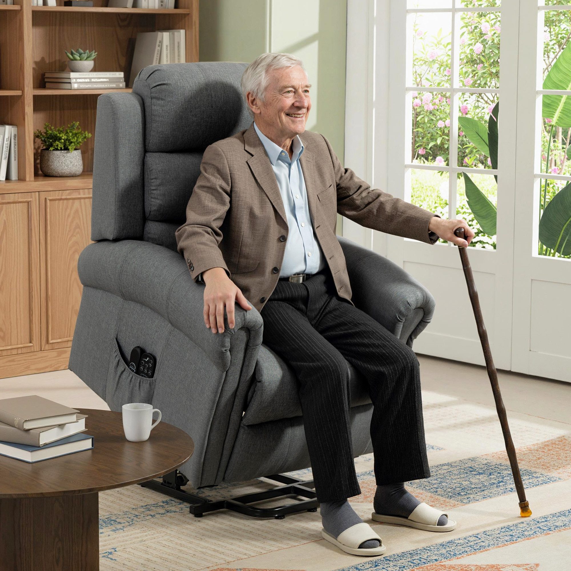 HOMCOM Relaxsessel mit Liegefunktion, Massagefunktion (Massagesessel mit Aufstehhilfe, 1-St., Fernsehsessel), mit Fernbedienung, Seitentasche, Fußteil, Grau