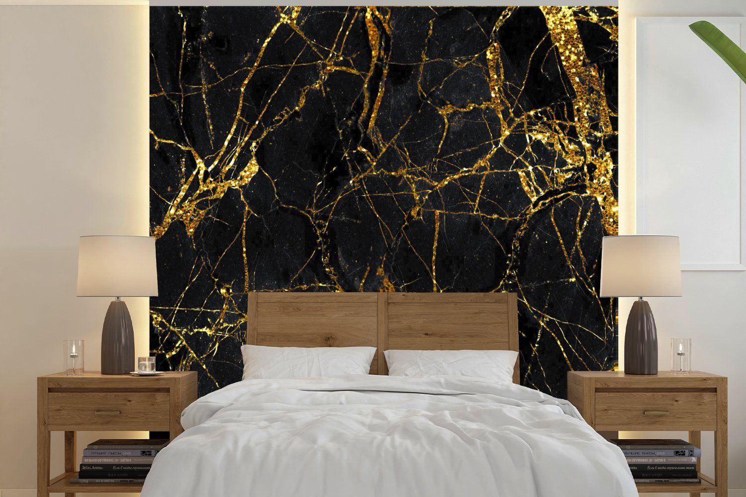 MuchoWow Fototapete Marmor - Gold - Schwarz - Muster, Matt, bedruckt, (4 St), Vliestapete für Wohnzimmer Schlafzimmer Küche, Fototapete