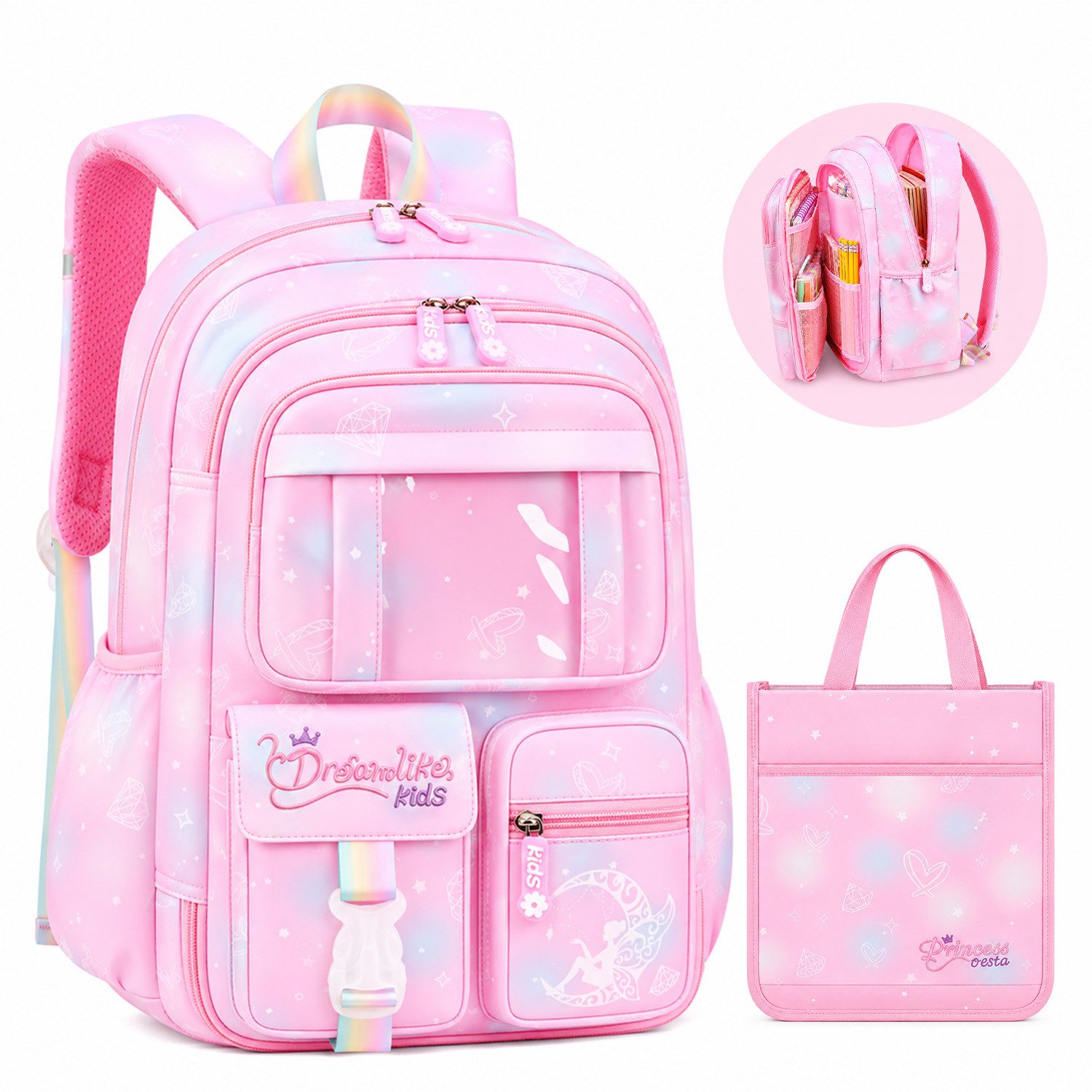 MOPUEA Schulrucksack Schulrucksack Set 2tlg Schultasche Seitlich Öffnend Viel Stauraum