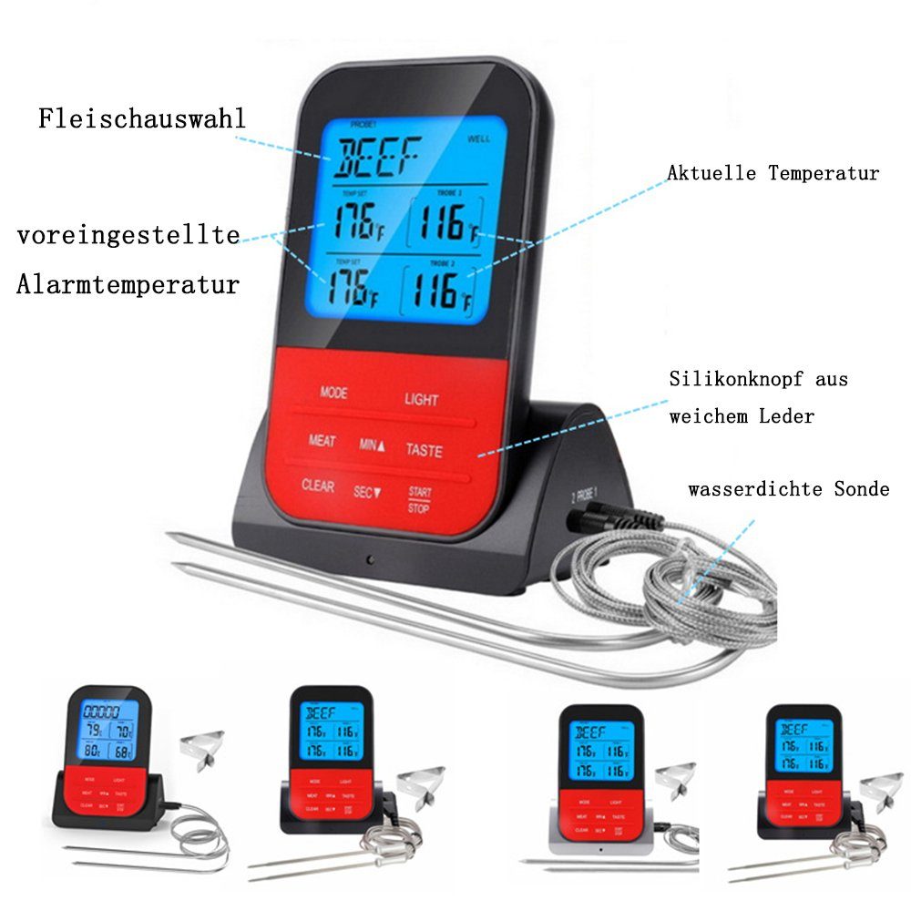 GelldG Grillthermometer Grillthermometer mit ‎‎Silber 2 Fleischthermometer Sonden Kabelloses Digitales