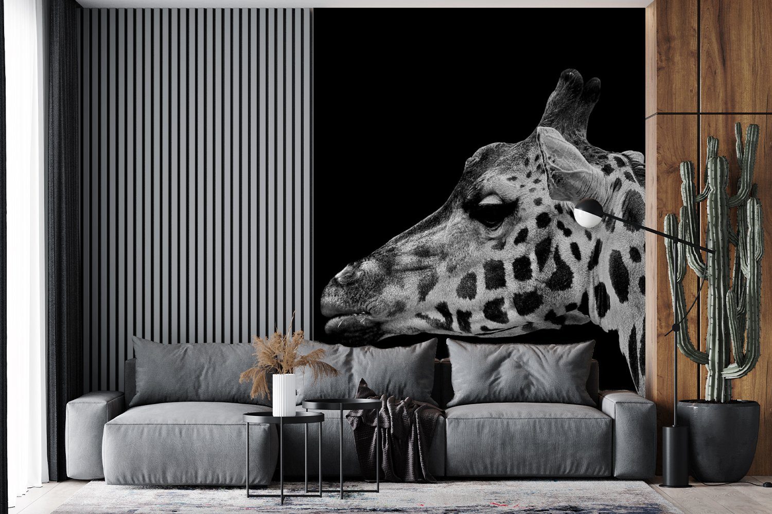 MuchoWow Fototapete Tiere - Schwarz Matt, Wandtapete Weiß, St), - für Wohnzimmer, Vinyl (4 bedruckt, Montagefertig Giraffe Tapete 