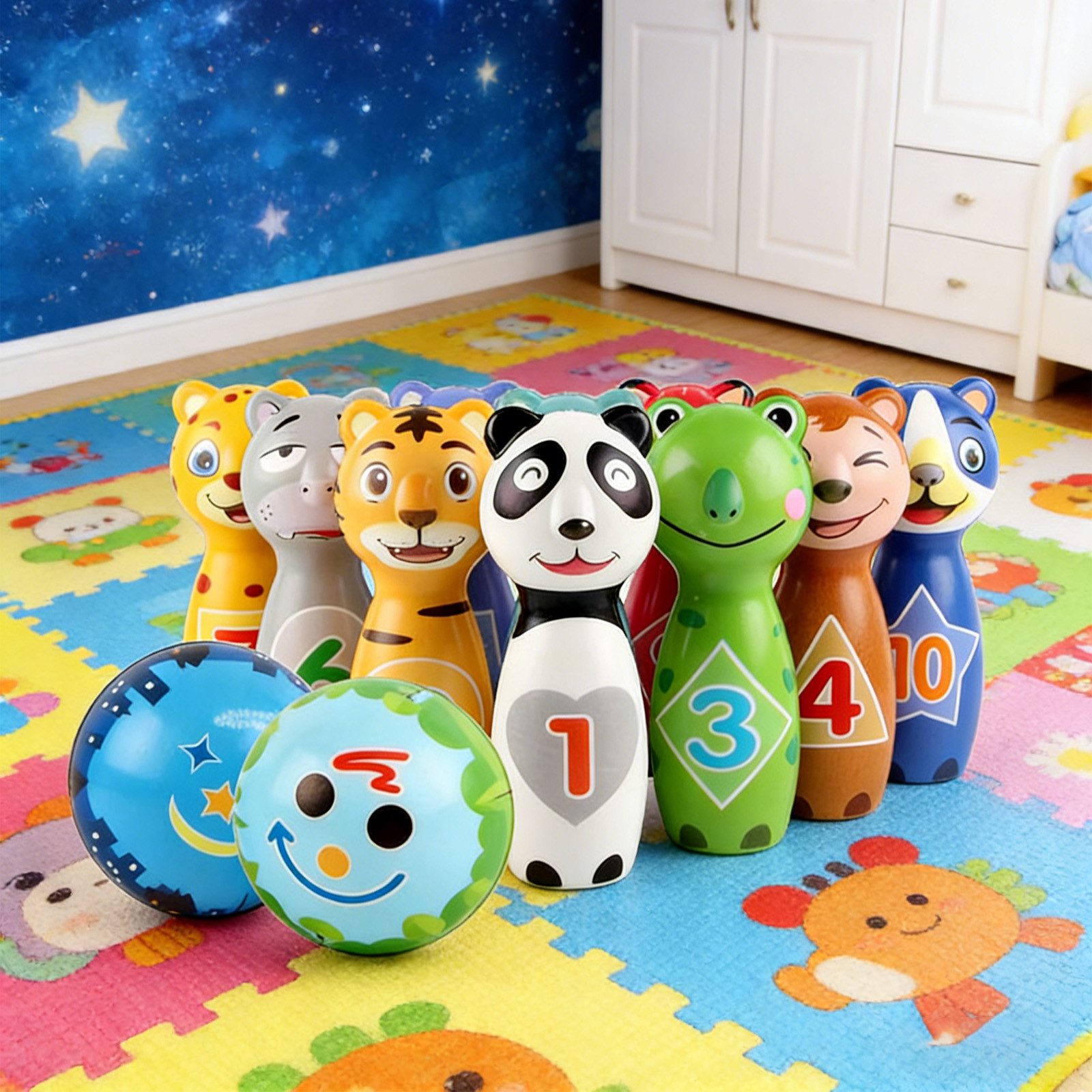 REDOM Spiel Kinder Bowling Set Outdoor-Spielzeug mit 10 Kegel und 2 Bälle, Kegelspiel, mit Tiermotiven und Zahlen Lern-und Bewegungsspiel für drinnen draußen