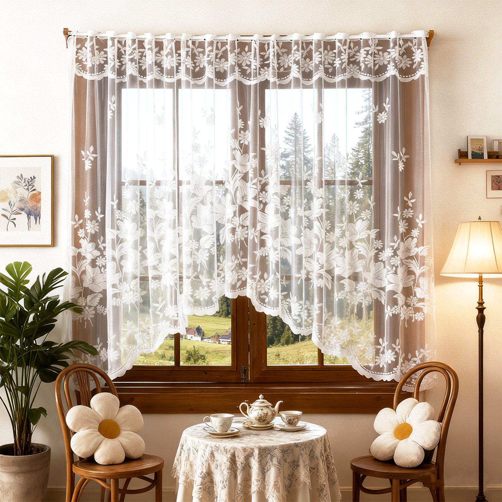 Scheibengardine Spitze Halbtransparent Bistrogardine Kurzstores Blume Besticke
