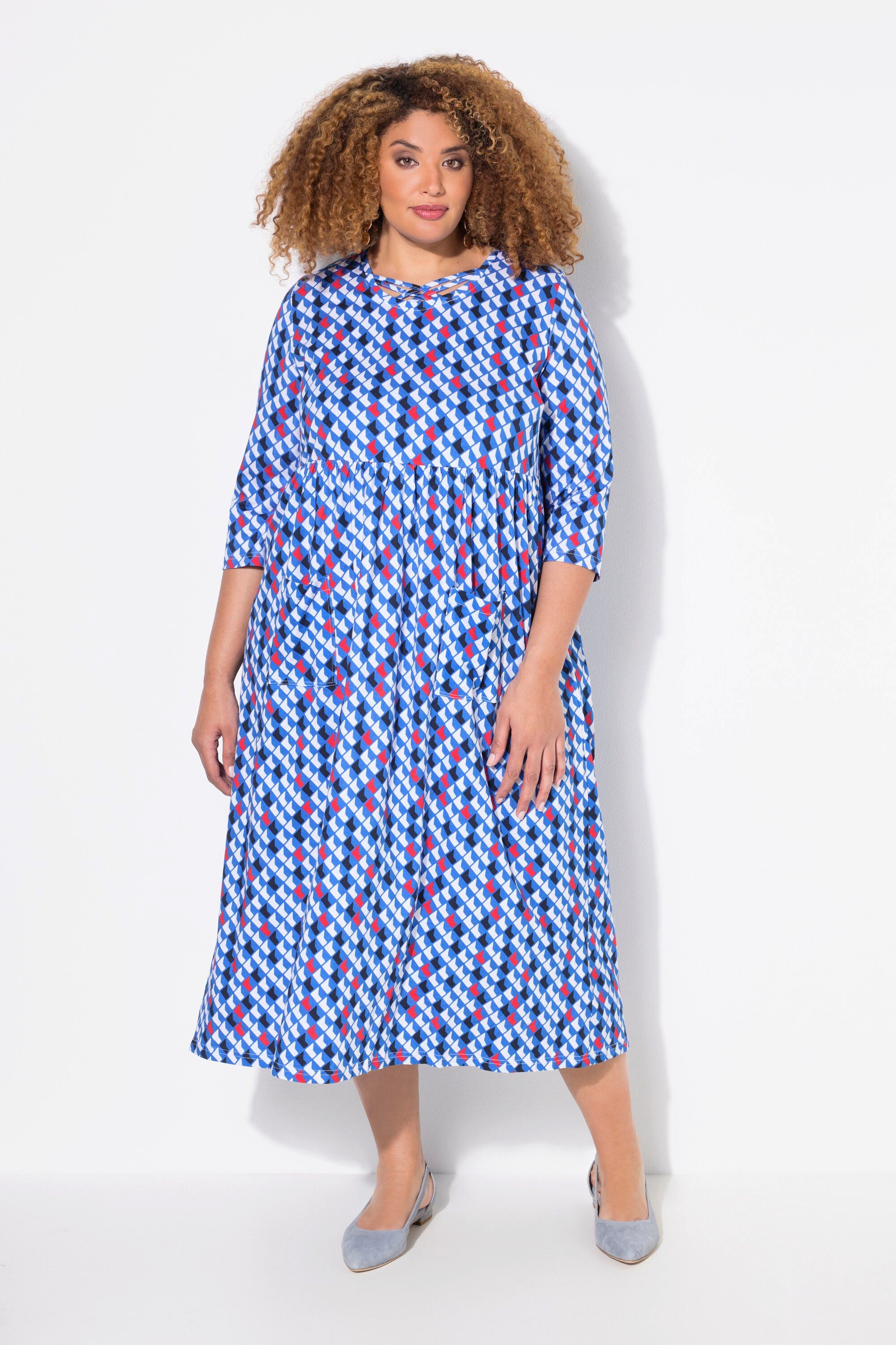 Ulla Popken Maxikleid Jerseykleid Zierbänder A-Linie Rundhals 3/4-Arm