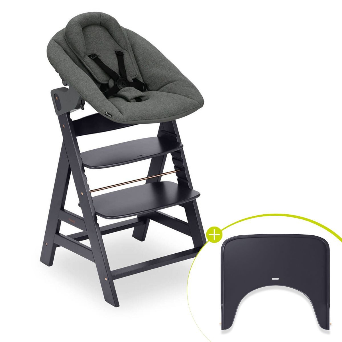 Hauck Hochstuhl Alpha Plus Dark Grey Newborn Set, Holz Babyhochstuhl ab Geburt mit Aufsatz für Neugeborene & Essbrett