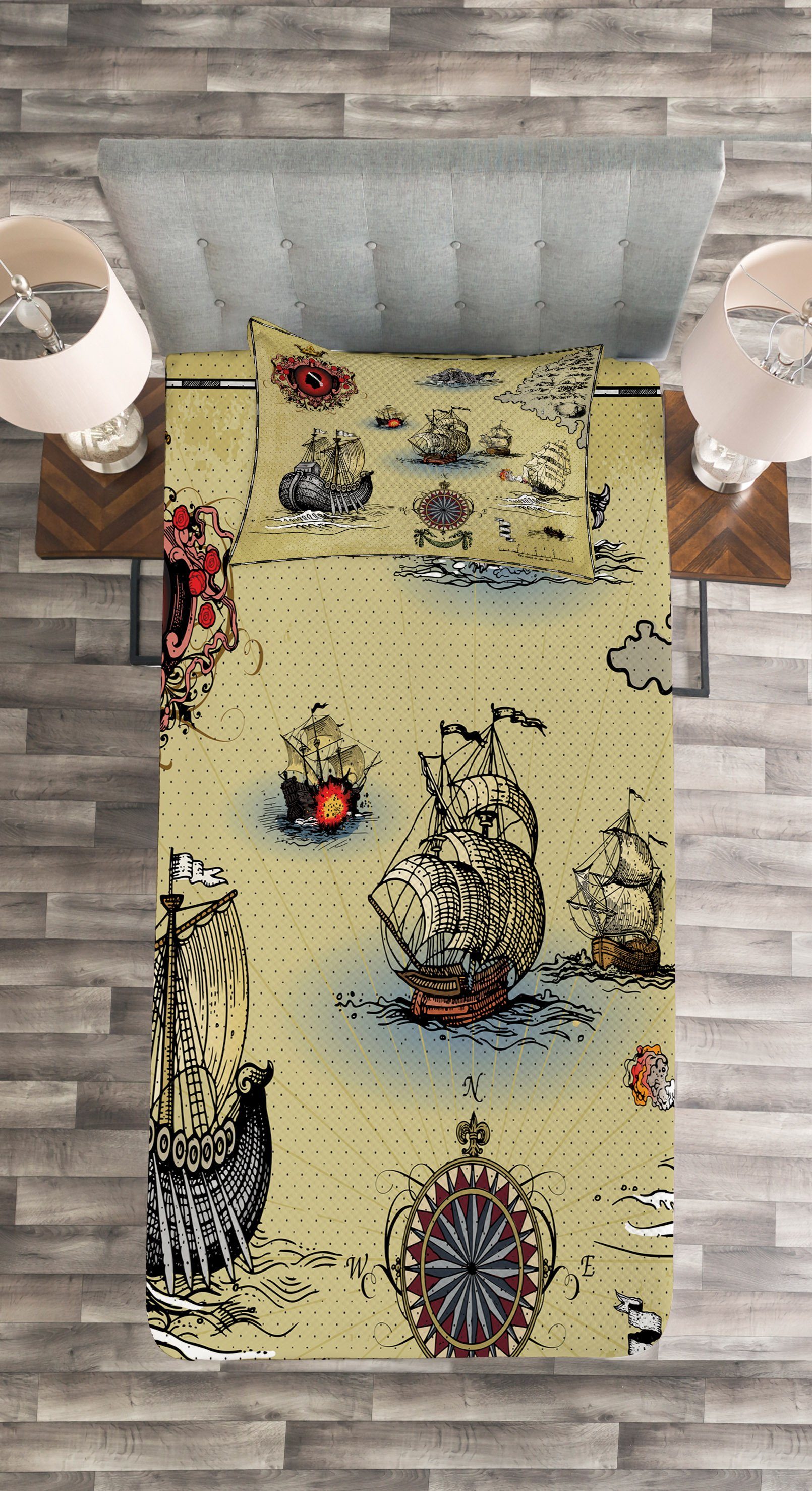 Karte mit Pirat Set Kissenbezügen Tagesdecke Antike Abakuhaus, Waschbar, Handgemalt