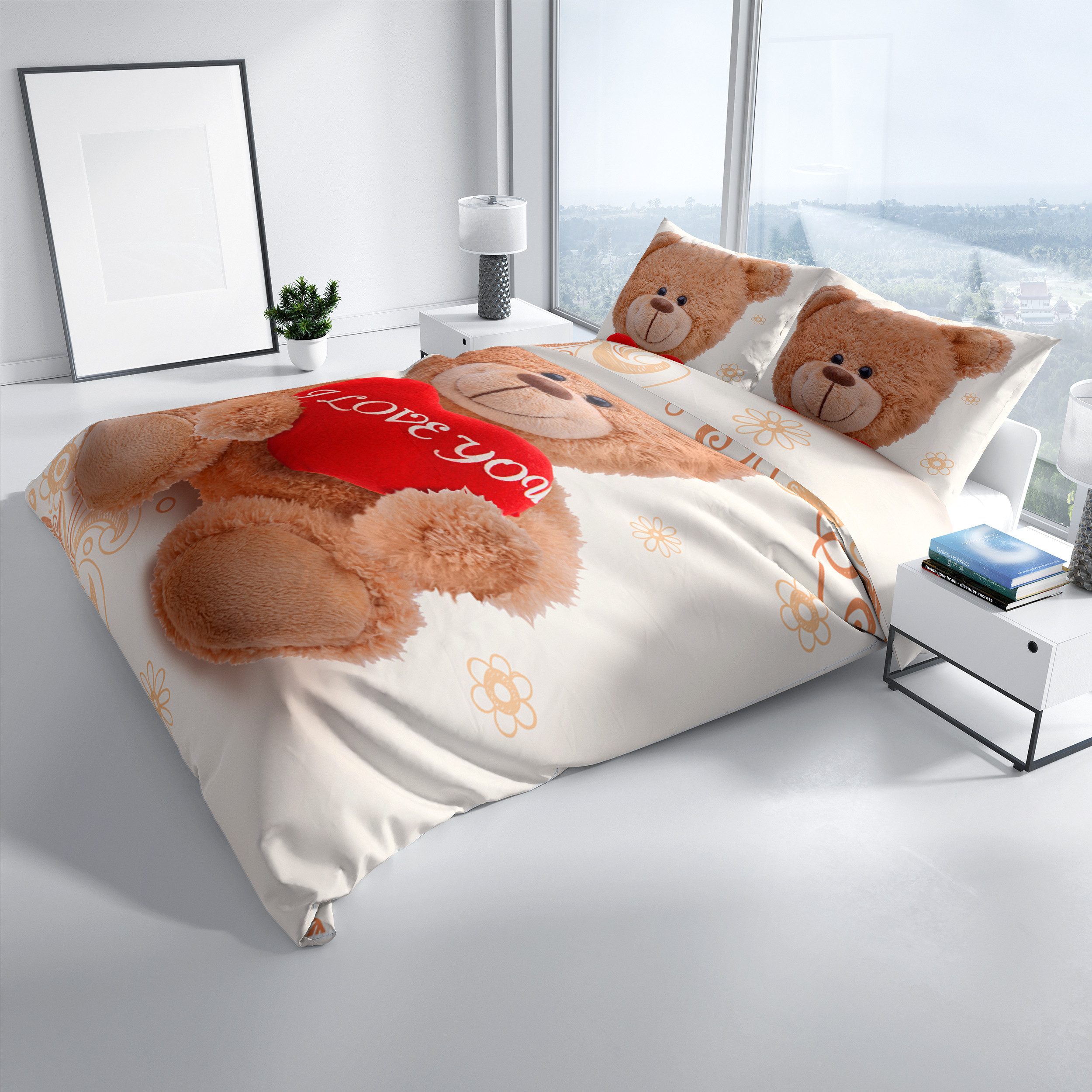 Leonado Vicenti Bettwäsche Winter flauschig warm, Fleece, 2 teilig, Teddy Bär mit Love You Aufschrift – Bild 3 von 5