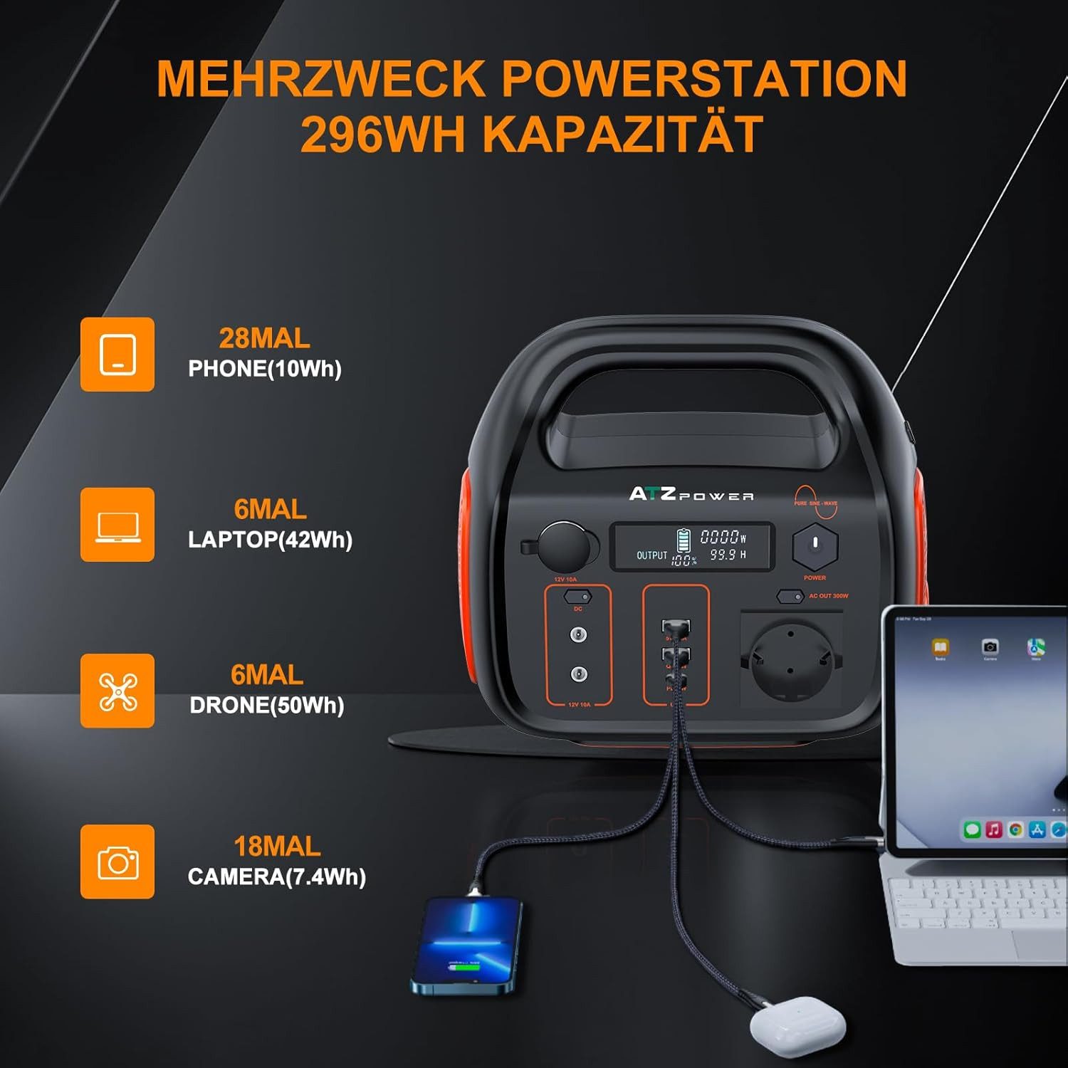 ATZ Power PYS-PEP-E00300 Power Station 296Wh, 300W Output, USB-C & Solar Charging PS-296Wh (12V - 28V), Portable Power Station 296Wh Battery, USB-C, Solar Charging, LED Light 3.6 kg
