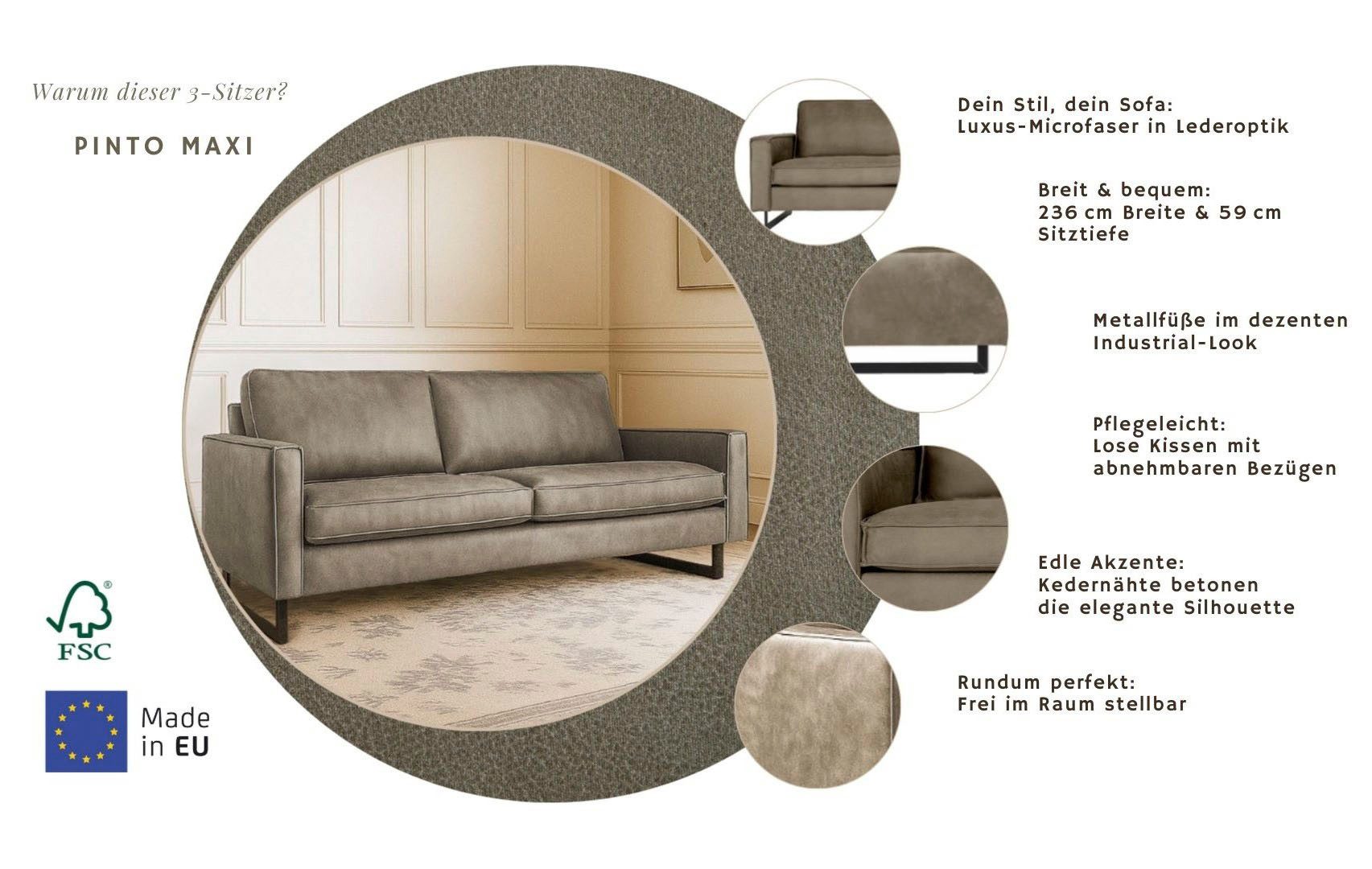 Home affaire 3-Sitzer Maxi-Ausführung Pinto, 236 cm, Cord, Chenille, Lederoptik, mit Keder, schwarze Metallfüße, Wellenunterfederung