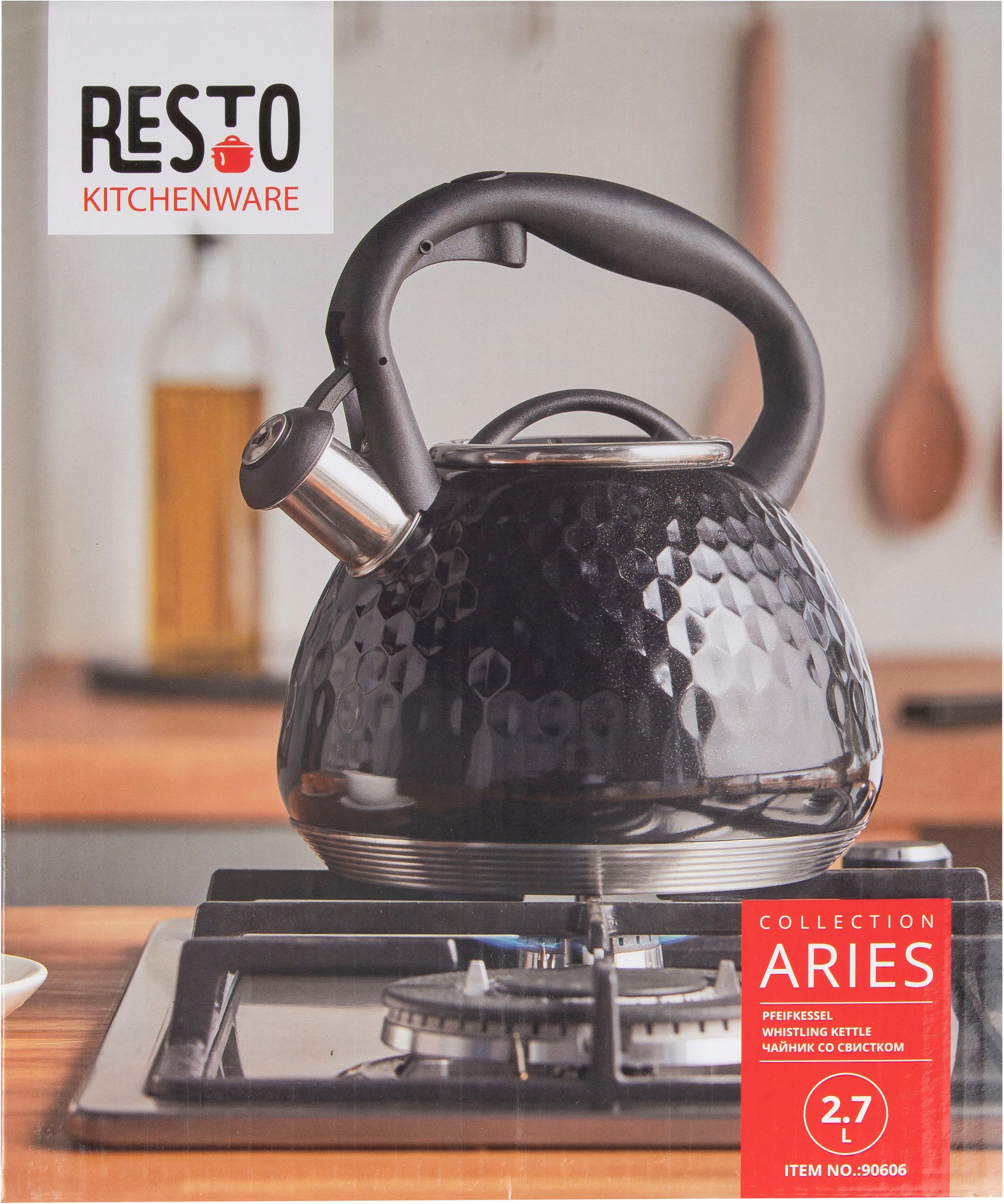 RESTO Kitchenware Wasserkessel Aries, Flötenkessel 2,7 l, mit 3D-Design, im Geschenkkarton, Edelstahl (1-tlg), mit ergonomischem, wärmeableitenden Bakelit-Griff