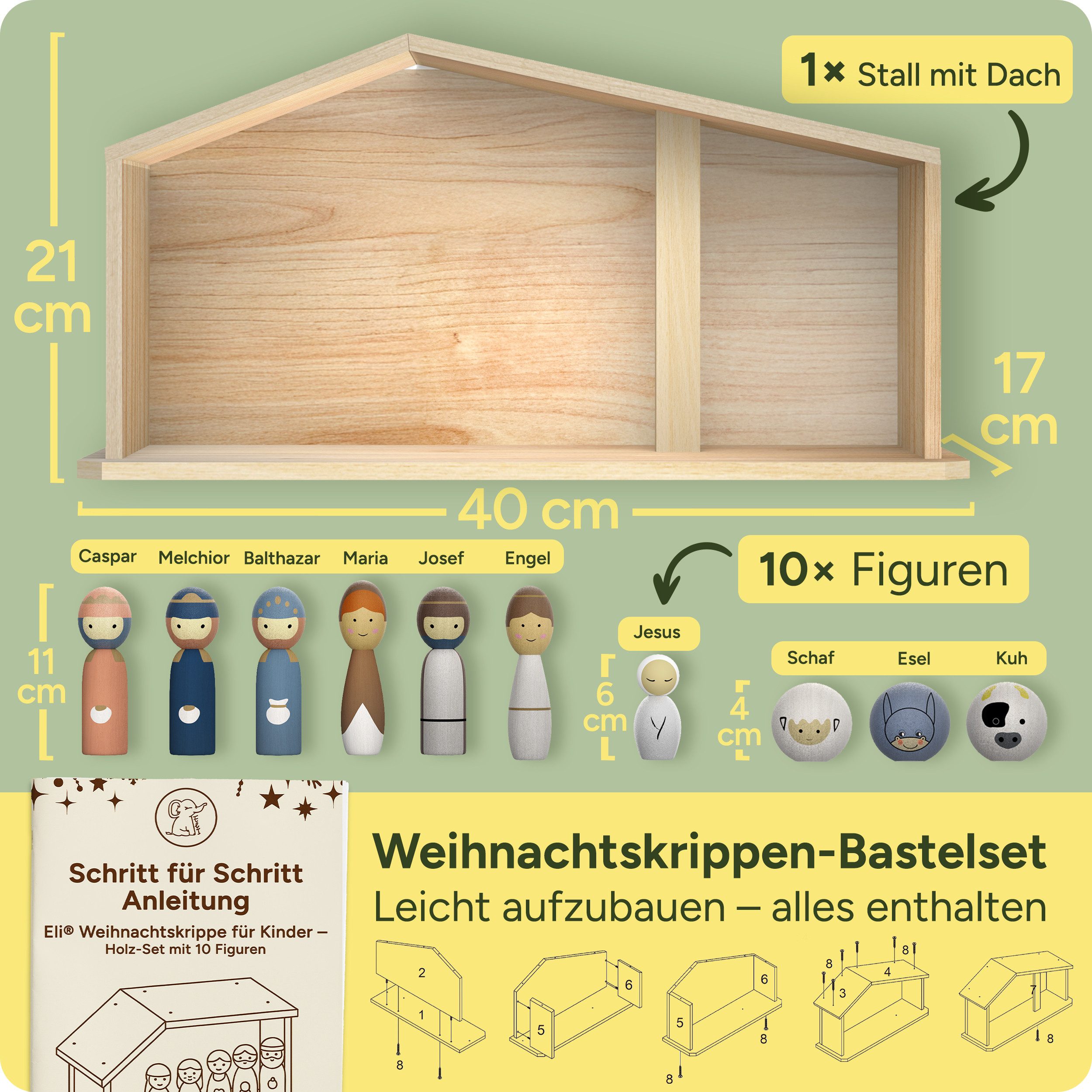Eli Krippe Weihnachtskrippe aus Holz für Kinder inkl. Krippenfiguren - Tiere (11-tlg), und Spielanleitung - Kinderkrippe - Holzkrippe Jungen - Mädchen