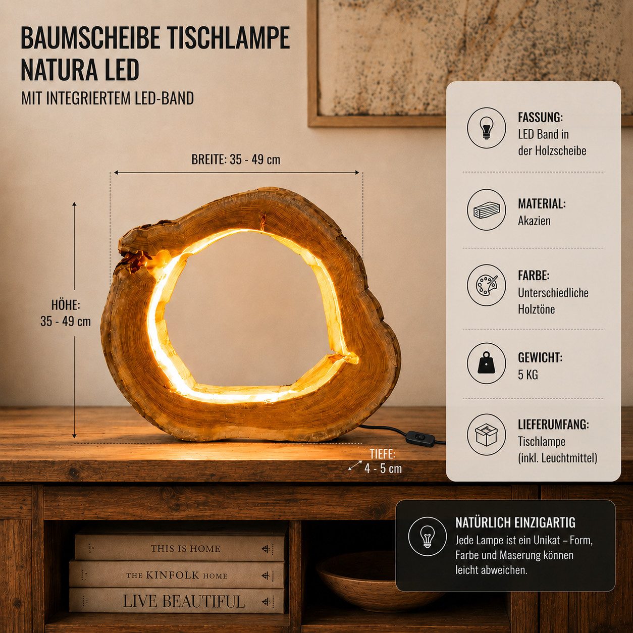 Möbel Bressmer Tischleuchte NATURA LED Holz Tischlampe,Handarbeit Tischlampe mit LED-Streifen,49cm – Bild 3 von 5