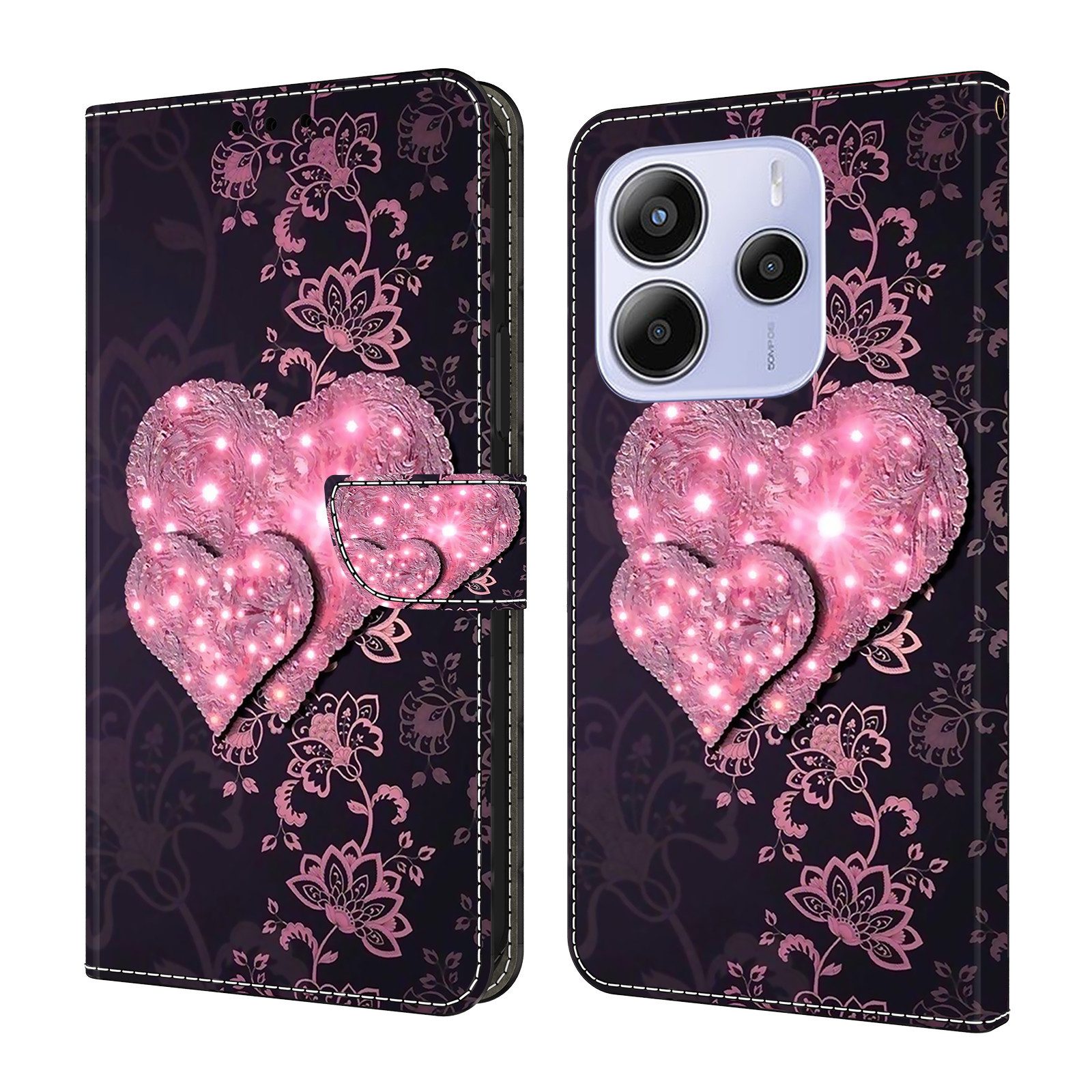 CLM-Tech Handytasche für Xiaomi Redmi Note 14 4G Hülle aus PU-Leder Klapphülle (rosa Herzen, Handyhülle mit Standfunktion - Wallet Flip Case inklusive Kartenfächer), Cover mit Magnetverschluss Schutzhülle