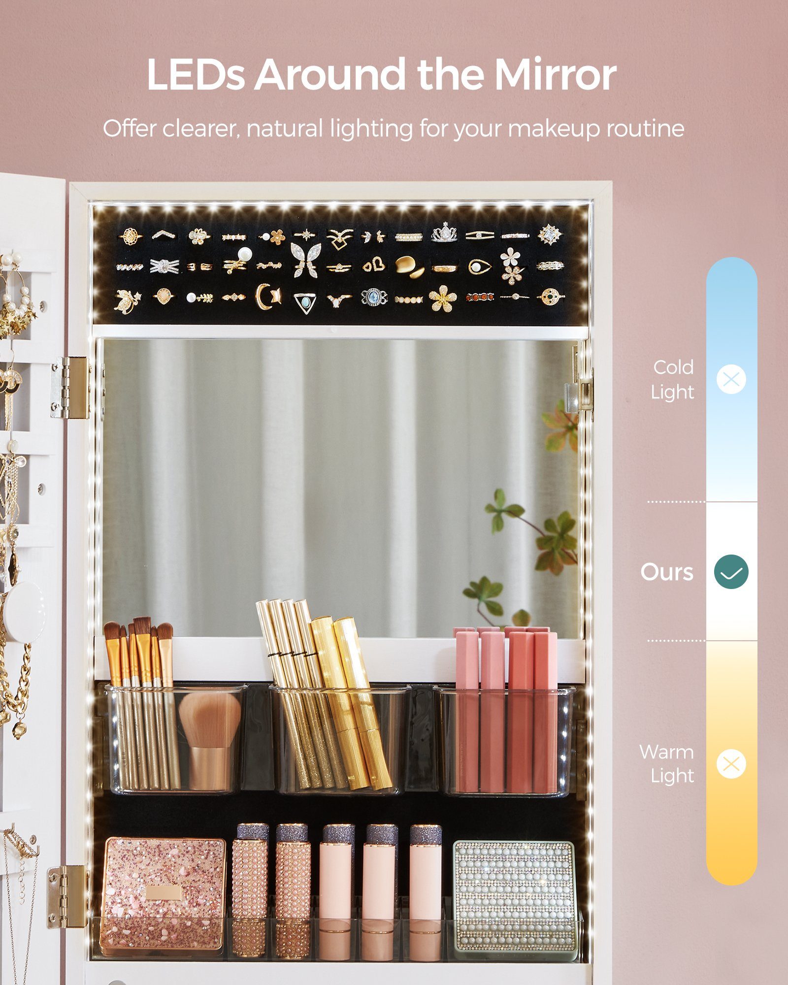 SONGMICS Schmuckschrank Spiegelschrank, Wandmontage, Organizer mit LED-Lichtern, abschließbar mit rahmenlosem Spiegel, integrierter Schminkspiegel, 2 Schubladen – Bild 4 von 5