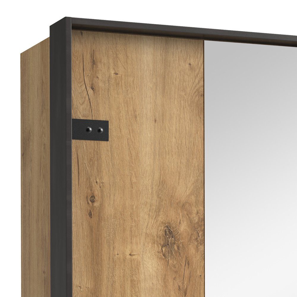 (Kleiderschrank, Spiegel, Schubladen, Sydney Mehrzweckschrank) mit Plankeneiche Design, Stauraum, 3-türig, Holzwerkstoff, mit Modern Drehtürenschrank Stylefy aus viel Metall