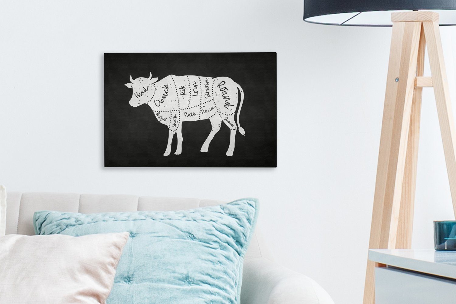 Küche Leinwandbild 30x20 - - cm Aufhängefertig, (1 Kuh St), Fleisch, Wandbild Leinwandbilder, OneMillionCanvasses® Wanddeko,