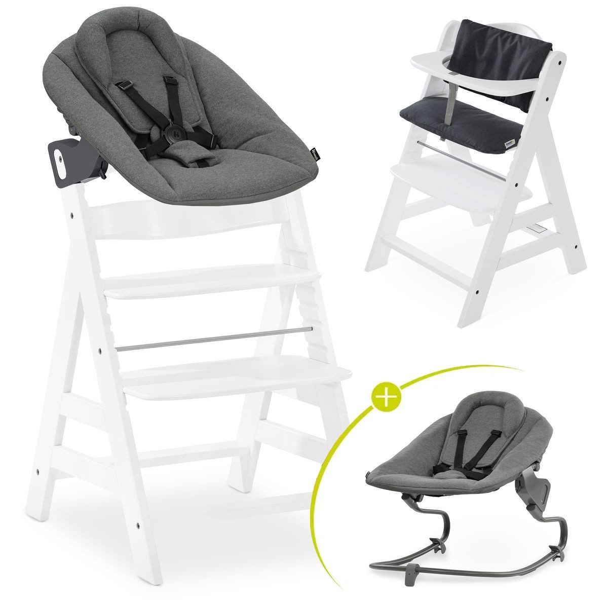 Hauck Hochstuhl Alpha Plus White Newborn Set Premium Dark Grey, Holz Babystuhl ab Geburt inkl. Aufsatz für Neugeborene & Sitzauflage