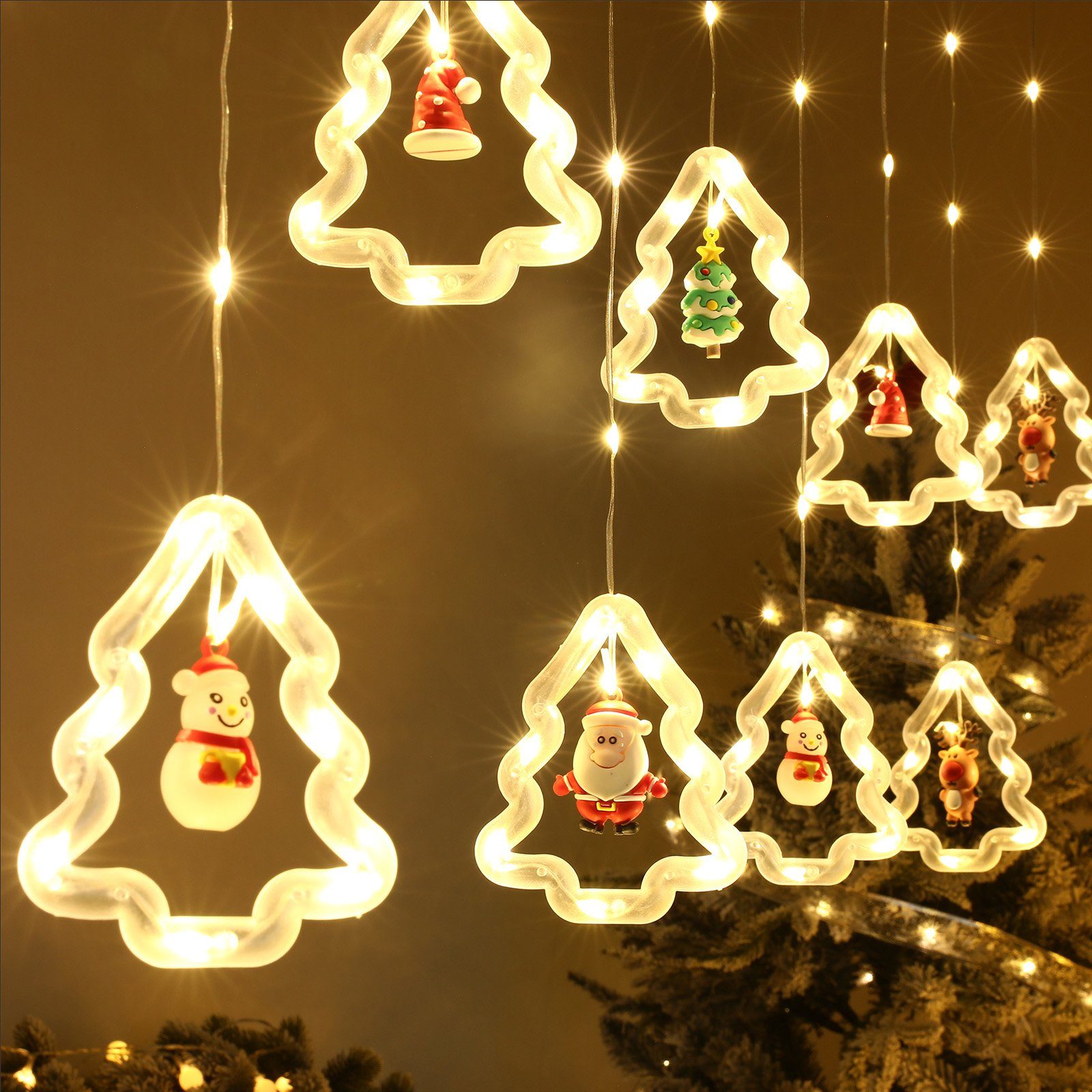 Rosnek LED-Lichtervorhang 3M, 8 Modi, USB / Batterie, für Fenster Vorhang Schlafzimmer Deko, Fernbedienung; mit hängenden Ornamenten und Haken; Weihnachten Deko