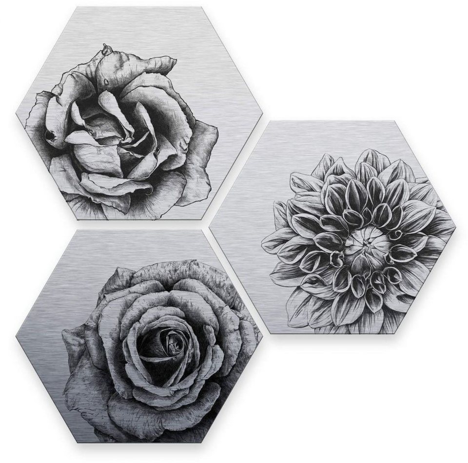 Wall-Art Mehrteilige Bilder Silbereffekt Blumen Set, (Set, 3 St)