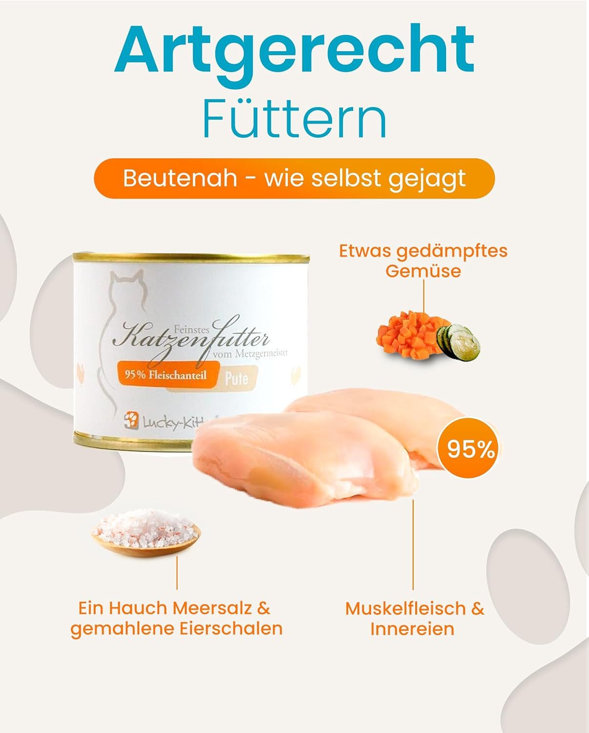 Lucky-Kitty Katzenfutter Pute, 95% Fleischanteil, getreidefrei, hypoallergen 4x200g, Nassfutter für: Katzen, frisches Putenfleisch in Metzgerqualität, zuckerfrei, Monoprotein