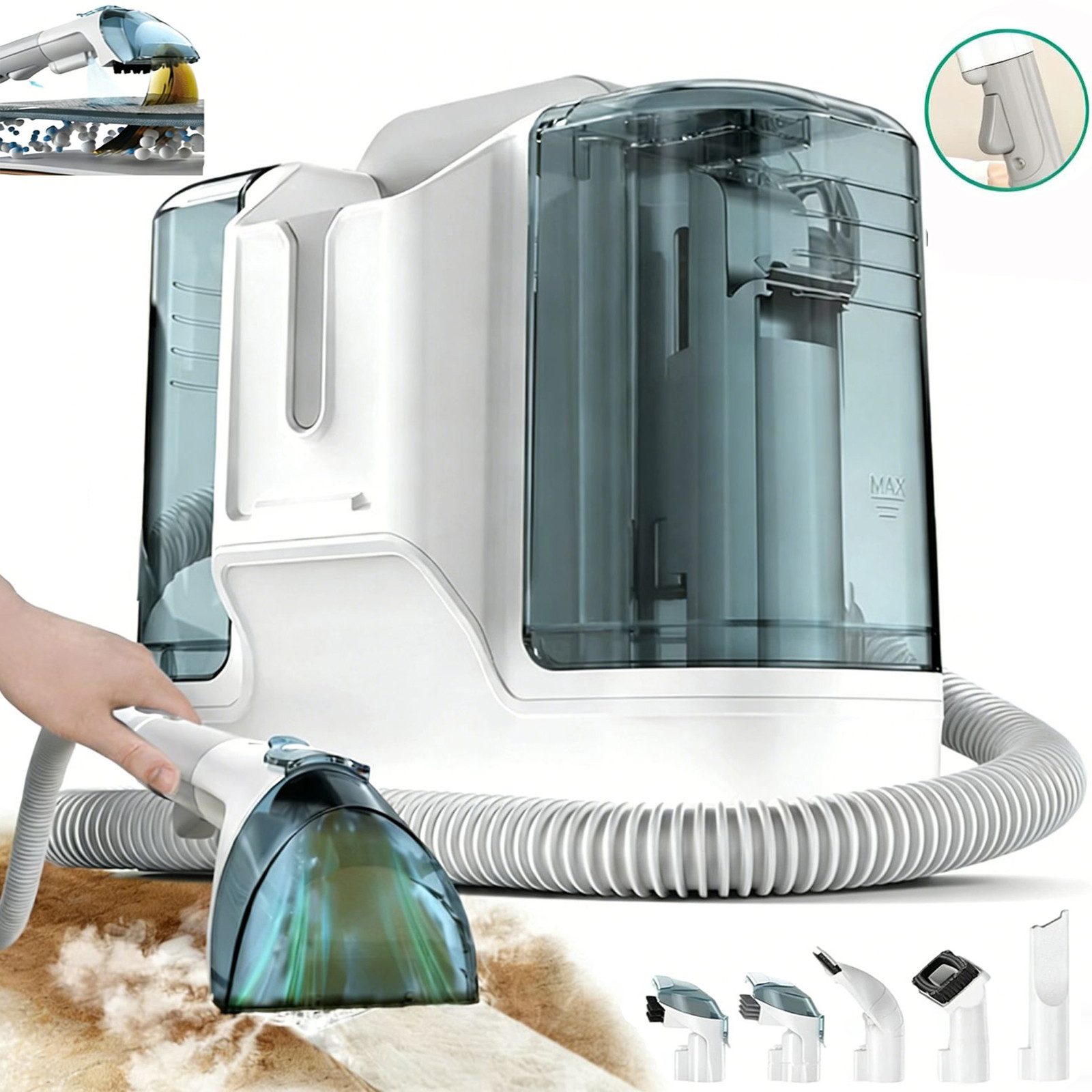 AKKEE Wasch-Sauger Waschsauger Teppichreiniger Polsterreiniger Gerät, 11kPa, 1.8L, 450 W, beutellos, Doppelwassertank und flexibel einsetzbaren Bürstenköpfen