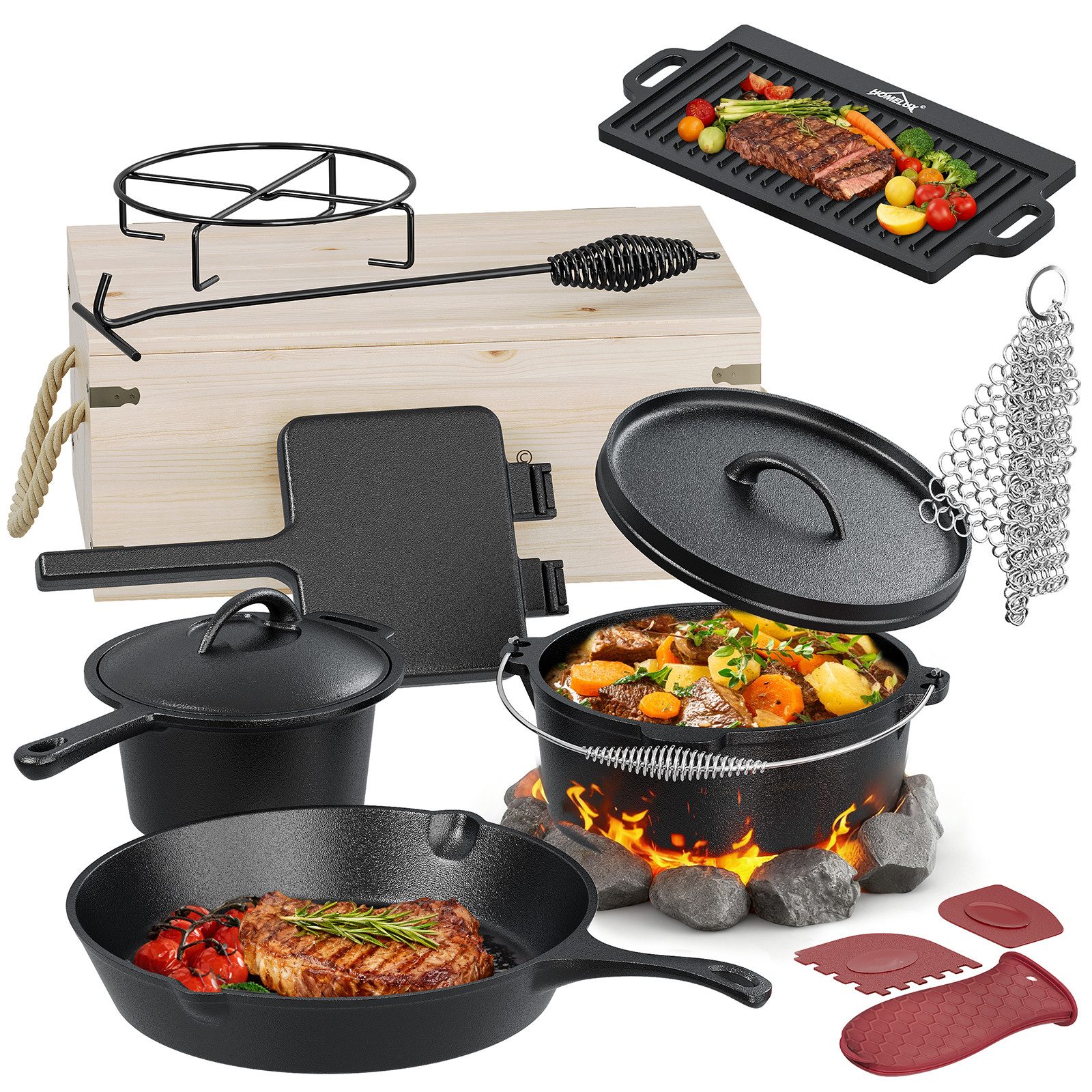 HOMELUX Topf-Set 10/12-tlg. Dutch Oven Set in Holzkiste Kochtopf Grillplatte Stieltopf, Gusseisen (12-tlg., Silikon-Griffhülle, Stapelrost, Deckelheber, Reinigungsgeräte), Gusseisen, vorgebacken, Hitzebeständig bis 280 °C