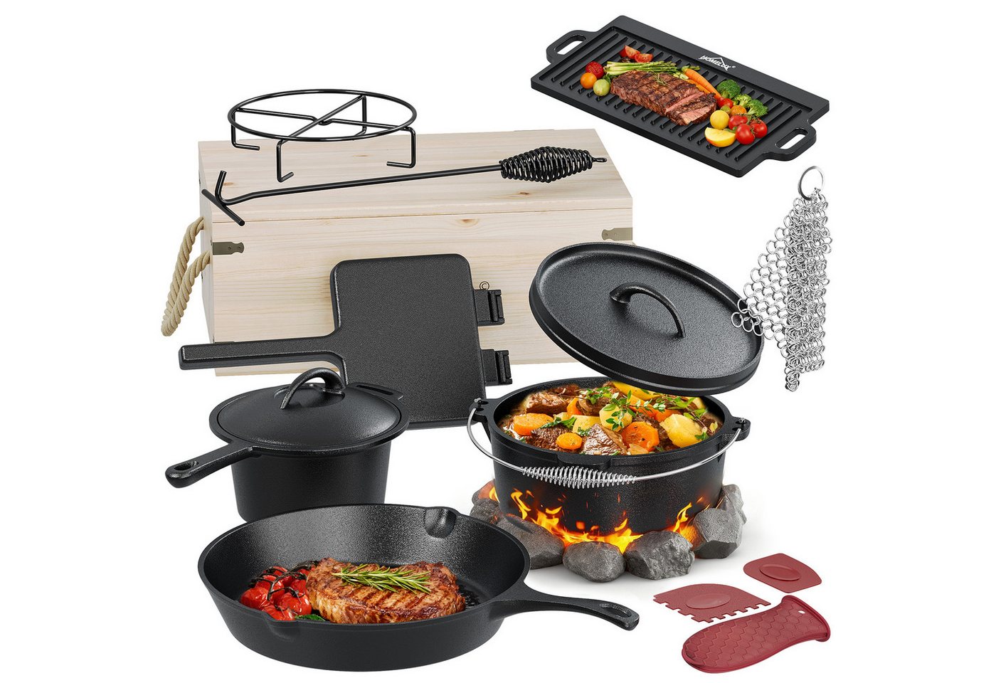 HOMELUX Topf-Set 10/12-tlg. Dutch Oven Set in Holzkiste Kochtopf Grillplatte Stieltopf, Gusseisen (12-tlg., Silikon-Griffhülle, Stapelrost, Deckelheber, Reinigungsgeräte), Gusseisen, vorgebacken, Hitzebeständig bis 280 °C