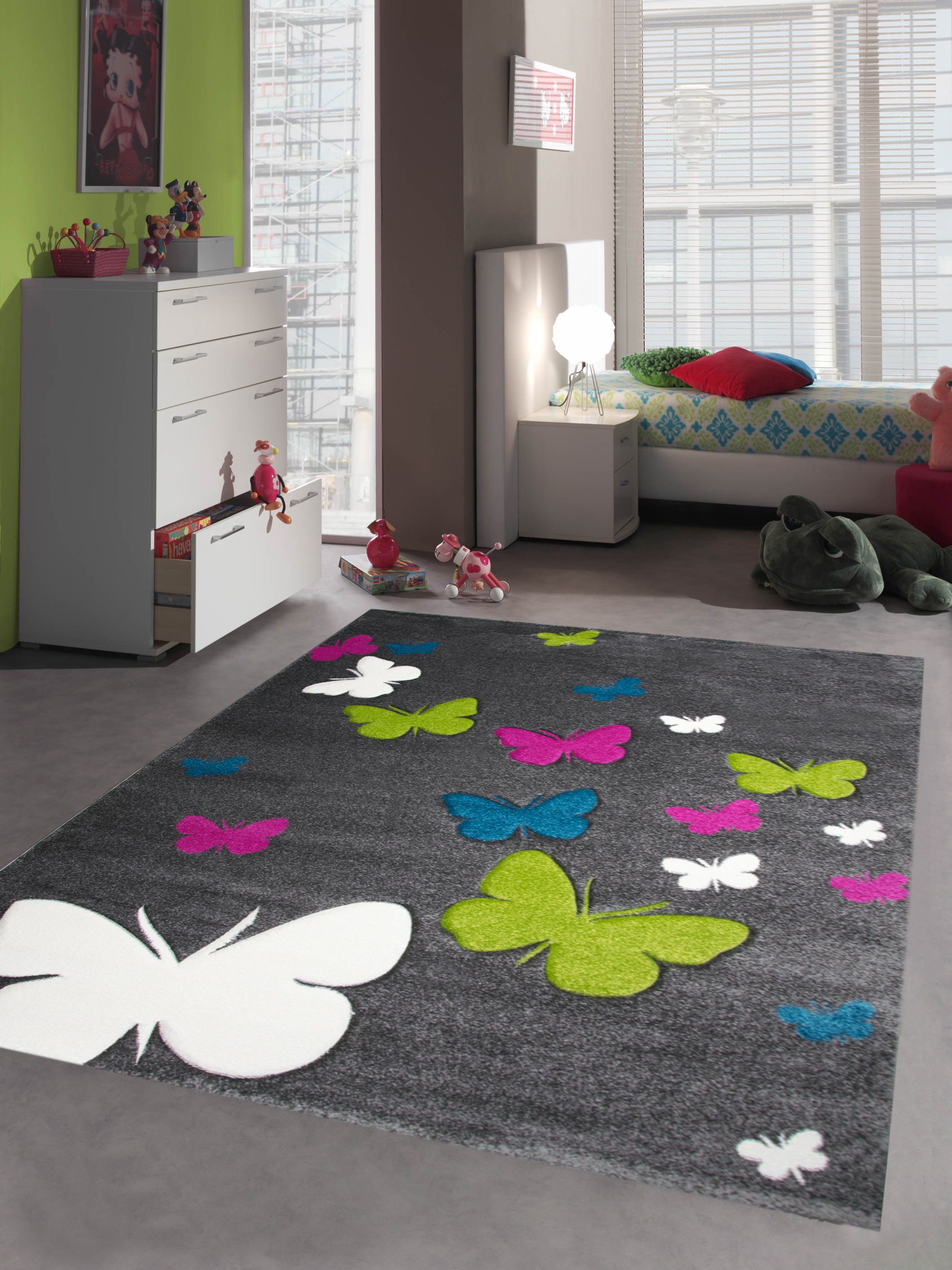 Kinderteppich »Kinderzimmer Teppich Schmetterlinge in Grau Pink Türkis  Grün«, Teppich-Traum, rechteckig, Höhe: 13 mm