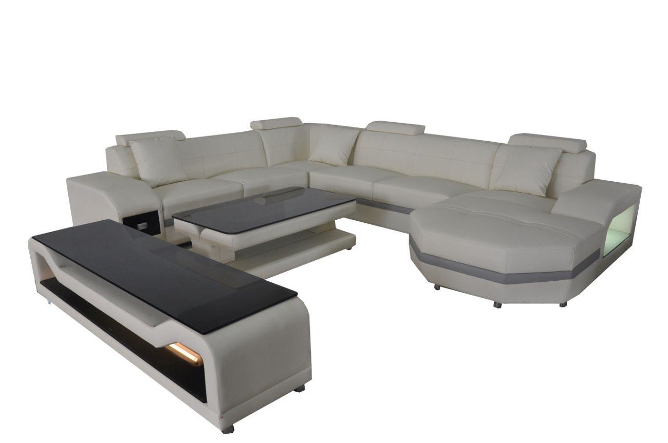 JVmoebel Ecksofa Leder Sofa Couch Eck Sitz Garnitur Wohnlandschaft U Form couchen+USB Weiß