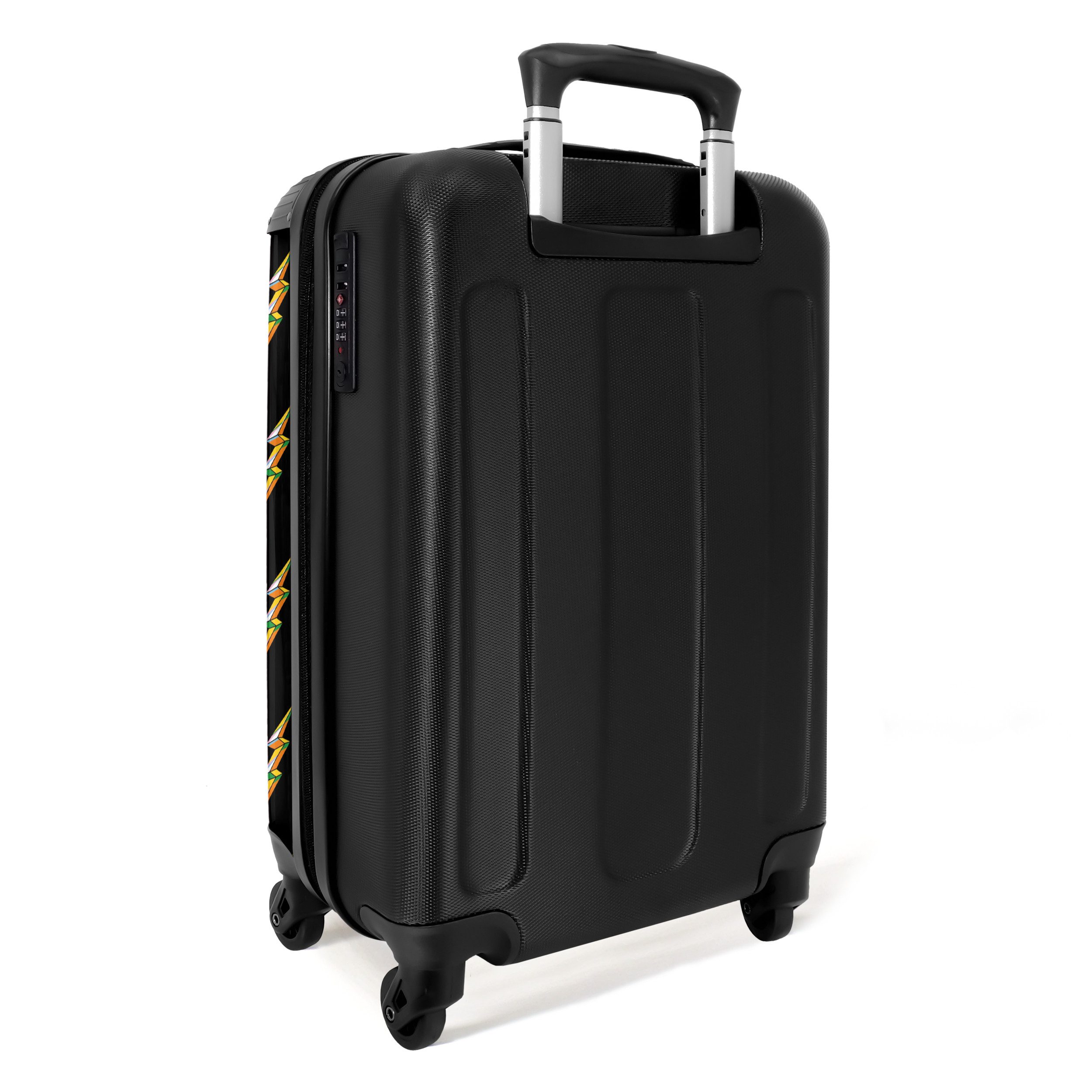 NoBoringSuitcases.com© Hartschalen-Trolley Schwarz mit bunten Blitzen 55x35x20cm, 4 Rollen, Reisekoffer mit 4 Rollen, Carry on luggage, Männer