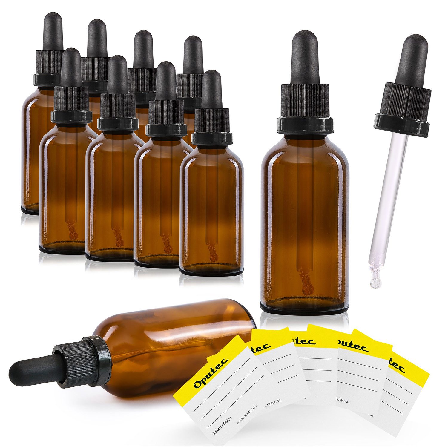 Oputec Pipettenflasche 10 x 50ml Pipettenflasche aus Braunglas m. Glaspipette +10 Etiketten (Sparset, 10 x 50 ml)