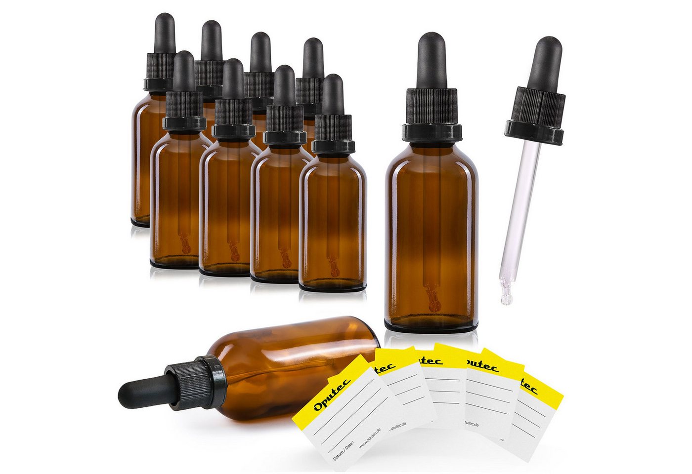 Oputec Pipettenflasche 10 x 50ml Pipettenflasche aus Braunglas m. Glaspipette +10 Etiketten (Sparset, 10 x 50 ml)