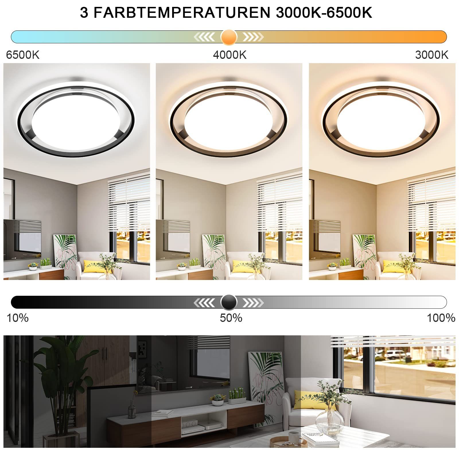 ZMH LED Deckenleuchte Rad-Rund Desgin Dimmbar Fernsteuerung 42W, LED fest integriert, warmweiß-kaltweiß, 44.5cm Schwarz