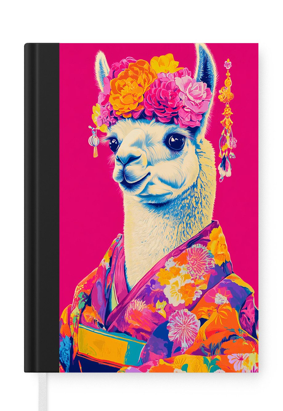 MuchoWow Notizbuch Lama - Kimono - Blumenkranz - Hellrosa, Notebook, Notizblock a5, Tagebuch, Journal Liniert