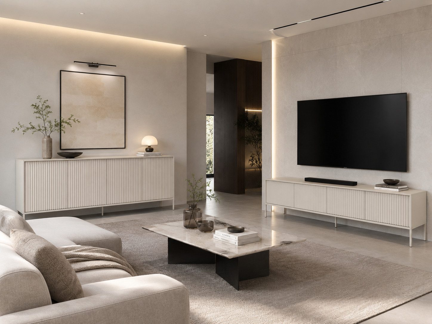 Beautysofa Wohnzimmer-Set NOTO Wohnwand in Cashmere, (Sideboard, Lowboard moderner Stauraum, 2-teilig mit TV-Schrank 204 cm und Kommode 204 cm), Wohnwände mit Rillenfronten