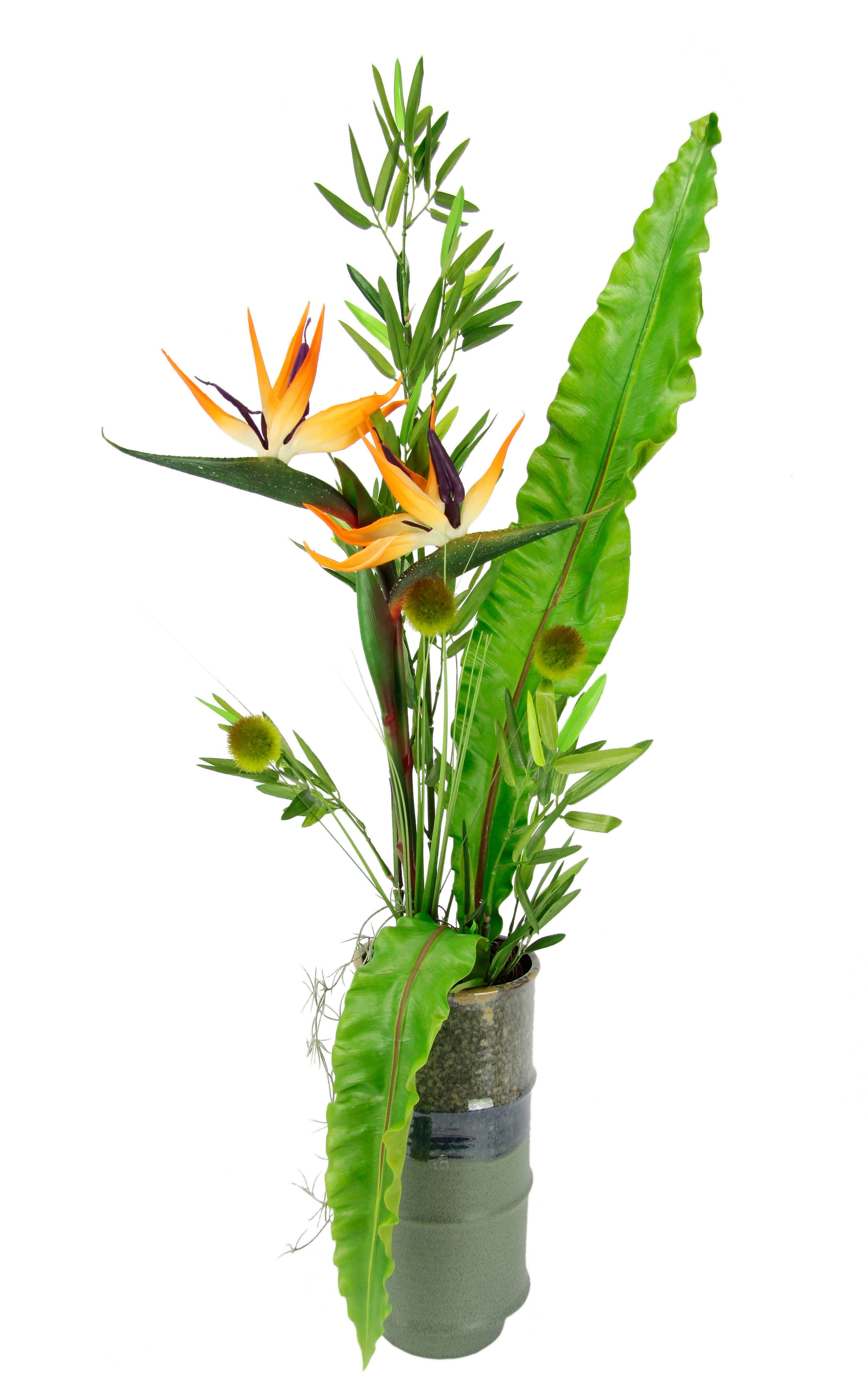 Kunstblume Strelitzie, cm, aus Gras mit Keramik Dekoblätter Höhe 105 Vase und Bambus In I.GE.A