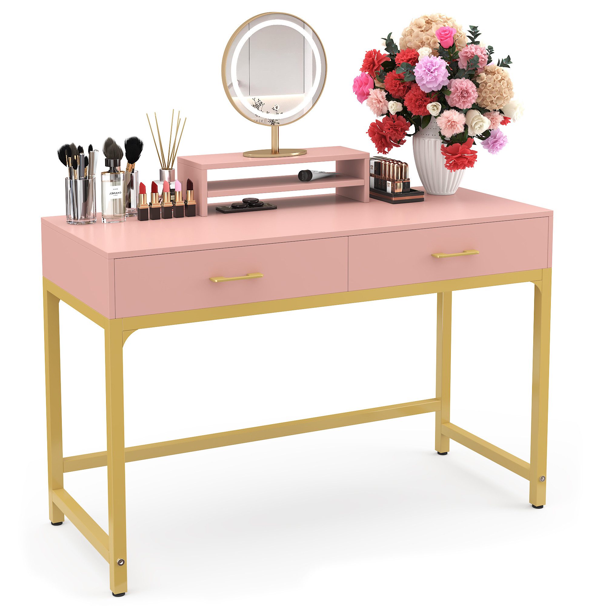 OYRREU Schreibtisch mit Schubladen/Monitorständer/Rückwand, modern, vintage Schminktisch (Set, mit Aufbewahrung), freistehender Schminktisch Boudoir