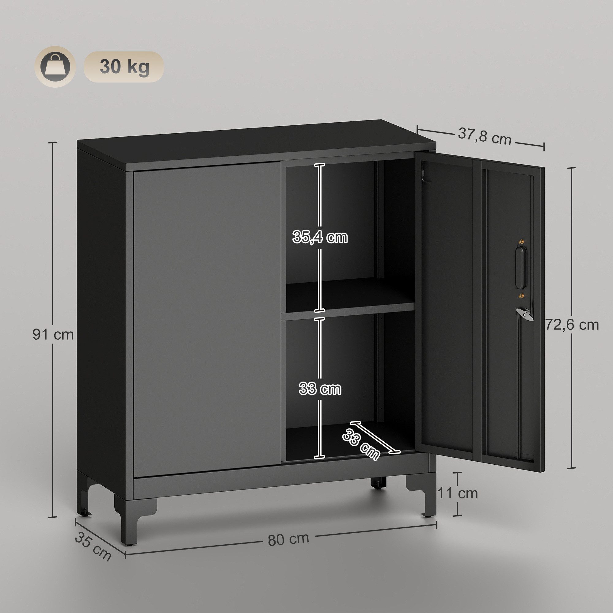 HOMCOM Aktenschrank Büroschrank Abschließbar Mehrzweckschrank mit 2 Ebenen, 2 Türen (Metallschrank, 1-St., Aufbewahrungsschrank) Allzweckschrank 80 x 35 x 91 cm – Bild 3 von 5