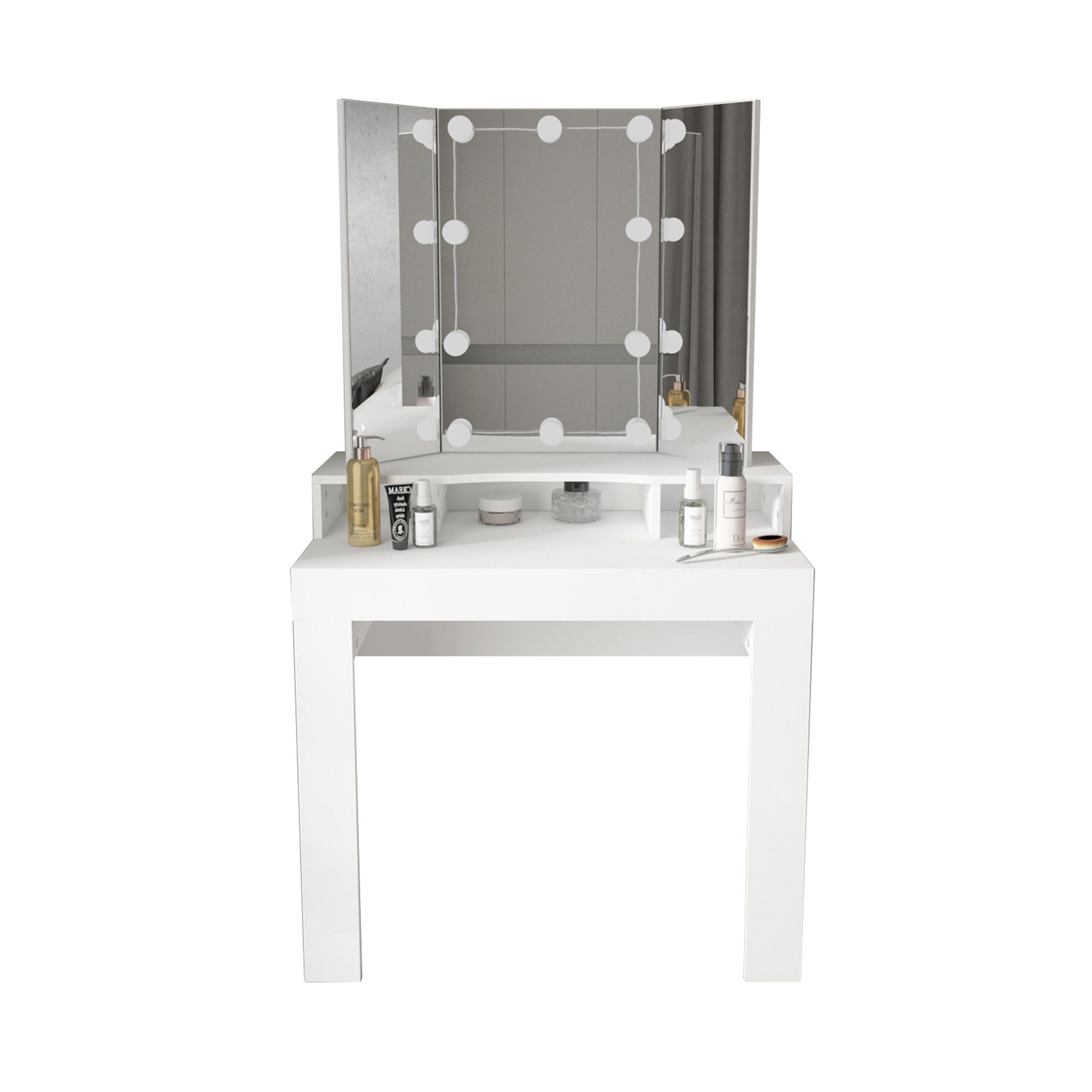 ML-DESIGN Schminktisch Kosmetiktisch Frisierkommode Make-up Tisch  Frisiertisch, Weiß LED Beleuchtung Spiegel 3-tlg klappbar 895x155x435cm