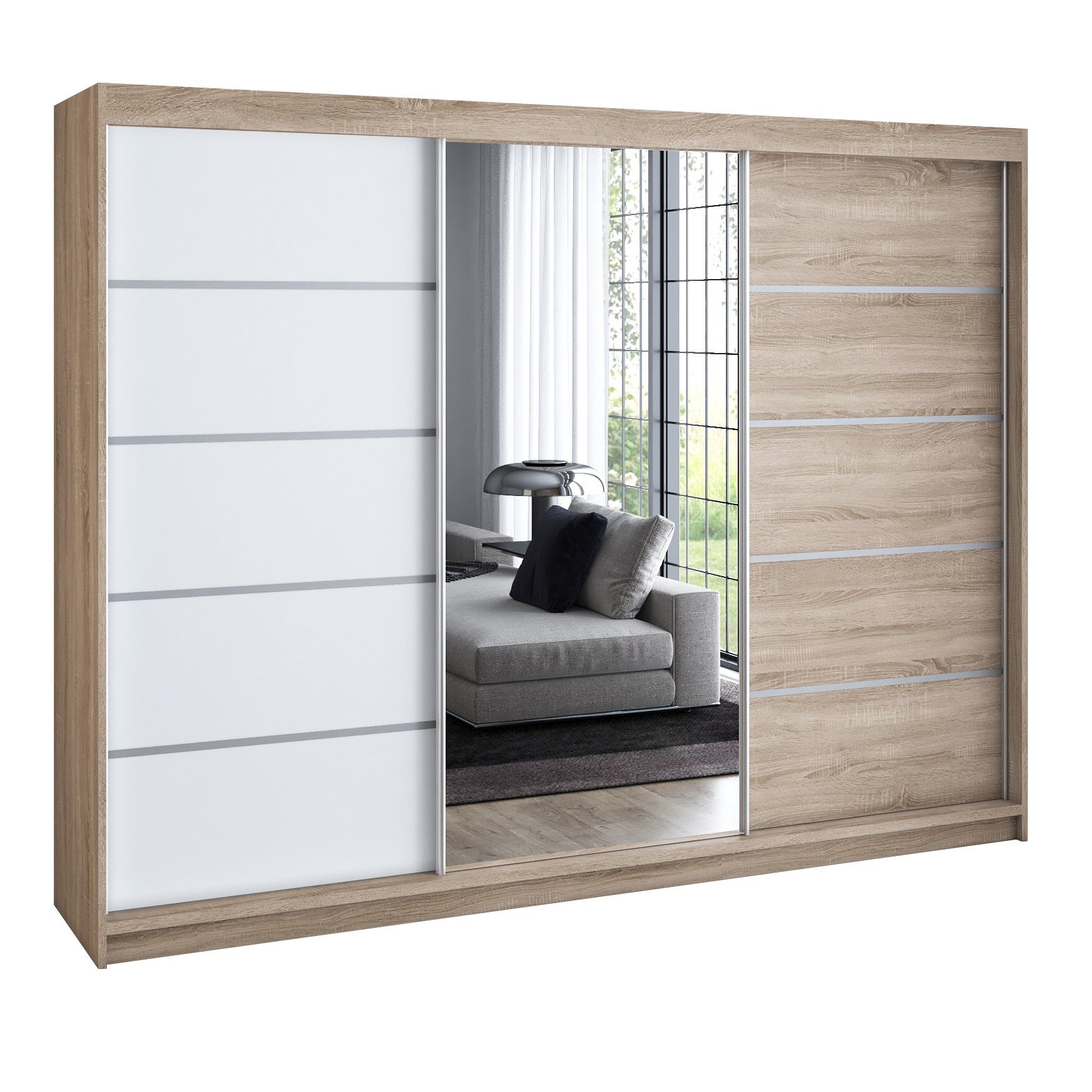 A&J MöbelLand GmbH Schiebetürenschrank VILUNO mit 4 Schubladen und Spiegel (nur für kurze Zeit! TOP ANGEBOT! Geräumiger Schrank mit einer Breite von 200 cm und Spiegel, ideal zur Aufbewahrung von Kleidung und Accessoires. 4 Schubladen und viel Stauraum. T